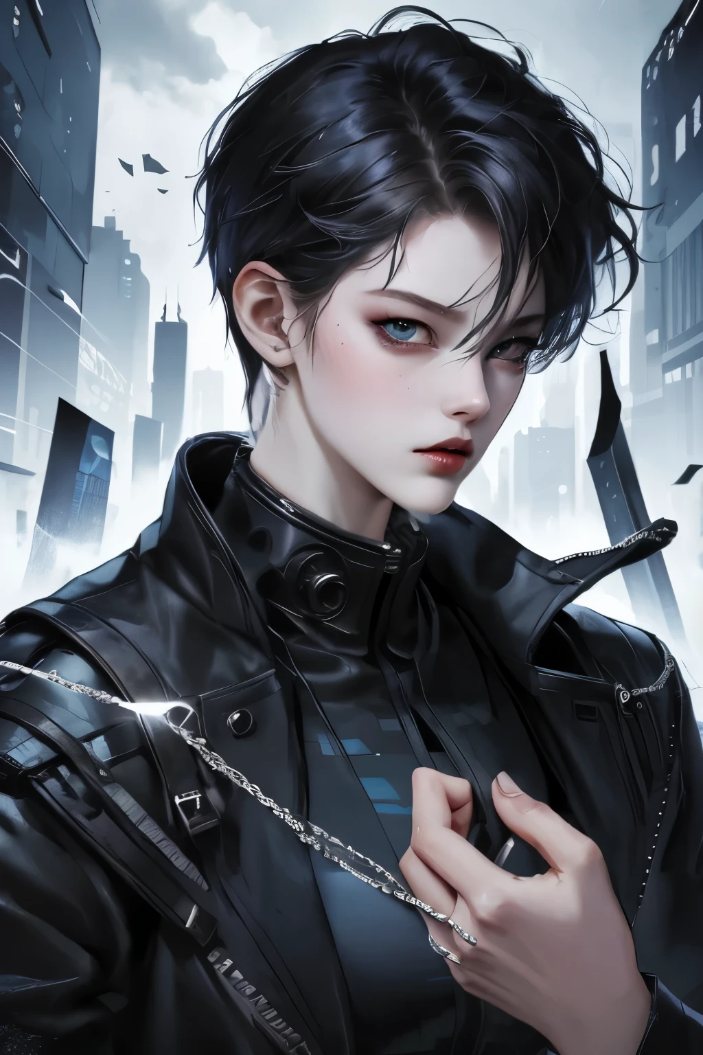 Izzy Technical Information - Name: Izzy - Age: 18 - Genus: Female - height: 1.45cm - weight: 56Kg - Eye color: amber on the left, Right Chi, Izzy has heterochromia、The pupil is shaped like a four-pointed star。.
- hair: straight, Cyberpunk cut and blue locks on white.
-skin: Solid and white-nationality: Japanese●Body type: Athletic with a delicate and feminine appearance.