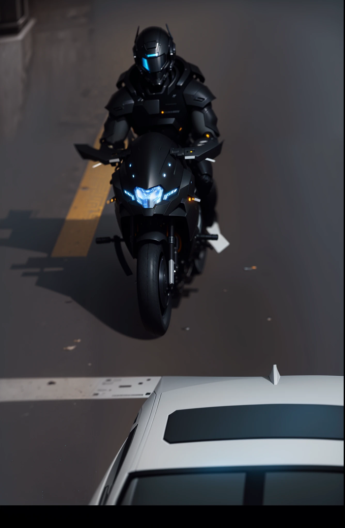 Handsome and thin black mecha cyber warrior，Information mechanical motorcycle，High-tech black full-face helmet，Noor， Biomechanics SHN People，High-tech helmet，surreal， steel， complex design， Very detailed very detailed， The lines are extremely clear， Light， real picture， detailed masterpiece