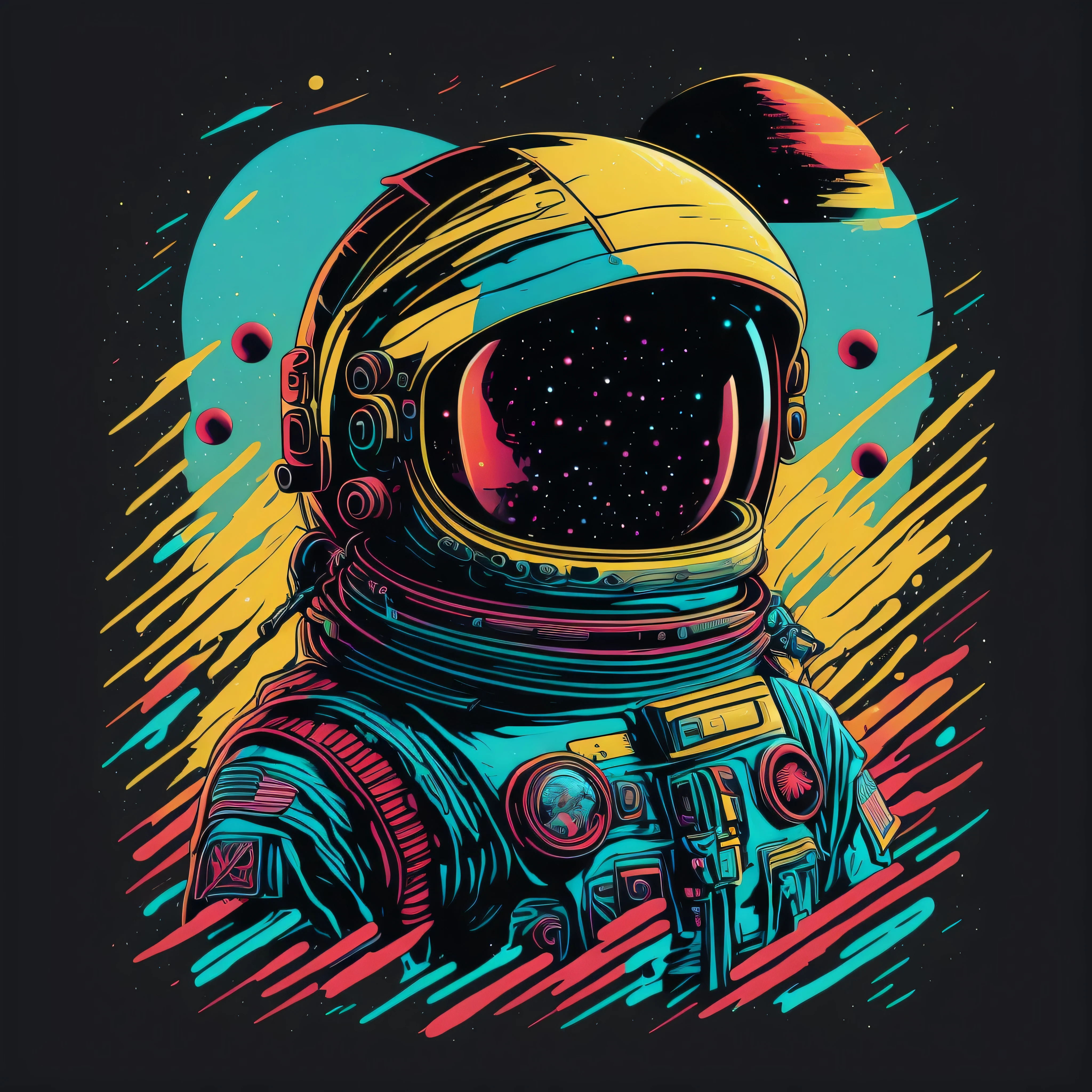 cute astronaut, the space, galaxy, 80's vector image, T-shirt design, isolated, black background, cyan yellow illustration and red only, strong color