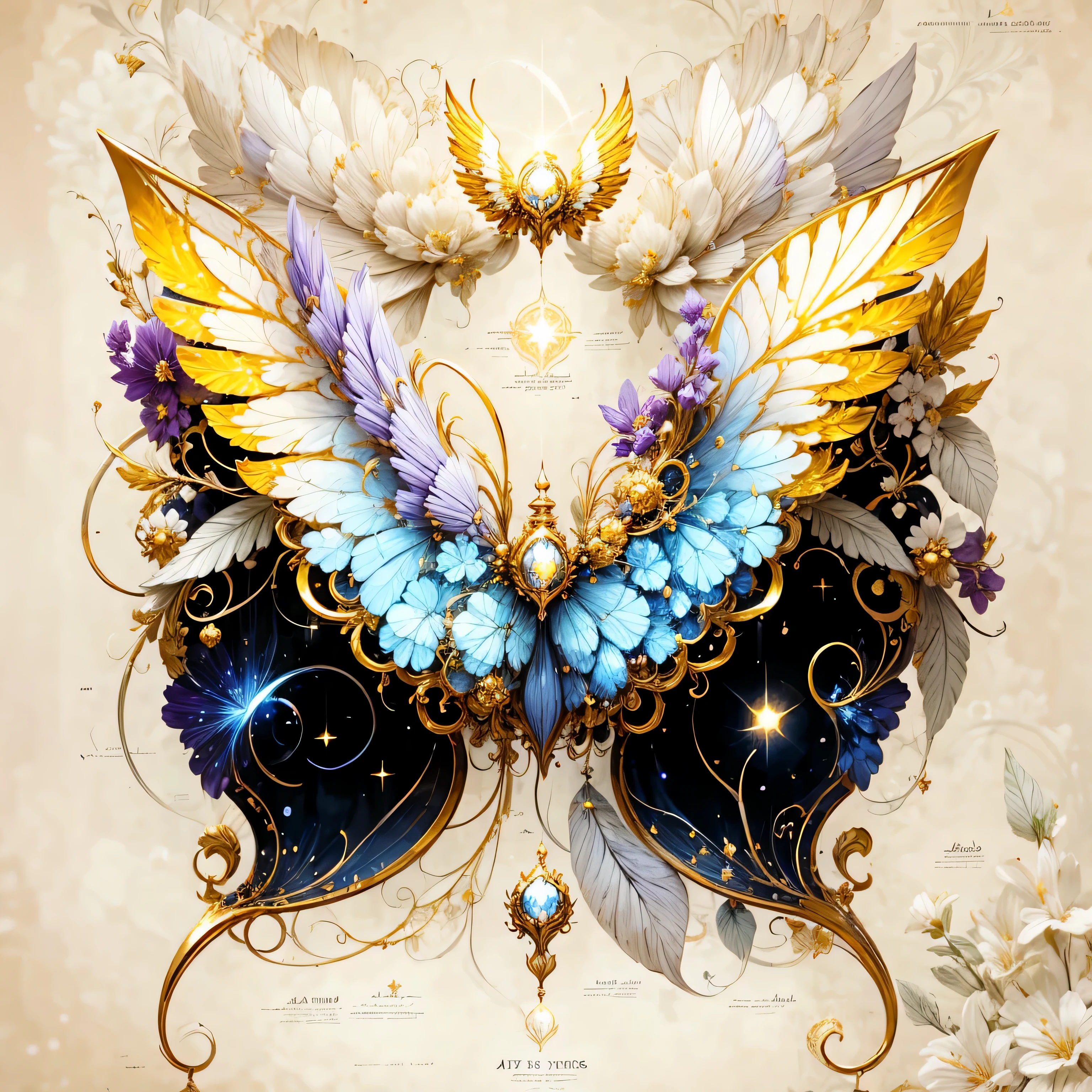 Aries elements，bright gold or silver，broad and powerful，Wings may have stars or flame designs