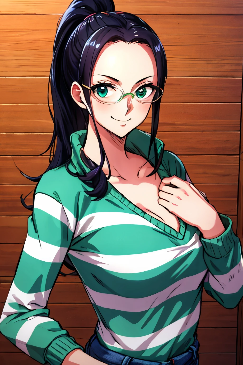 masterpiece, highest quality, 8K, ultra high resolution, highest quality, anime style, best writing, beautiful face,
Nico Robin, wano style, 1 girl, aqua eye, black hair, chest, cutting, ponytail with closed mouth, Glasses, 大きなchest, long hair, 非常にlong hair, green striped sweatshirt, jeans, free pose, smile, alone, Are standing, university campus, university campus, ((masterpiece)) , upper body