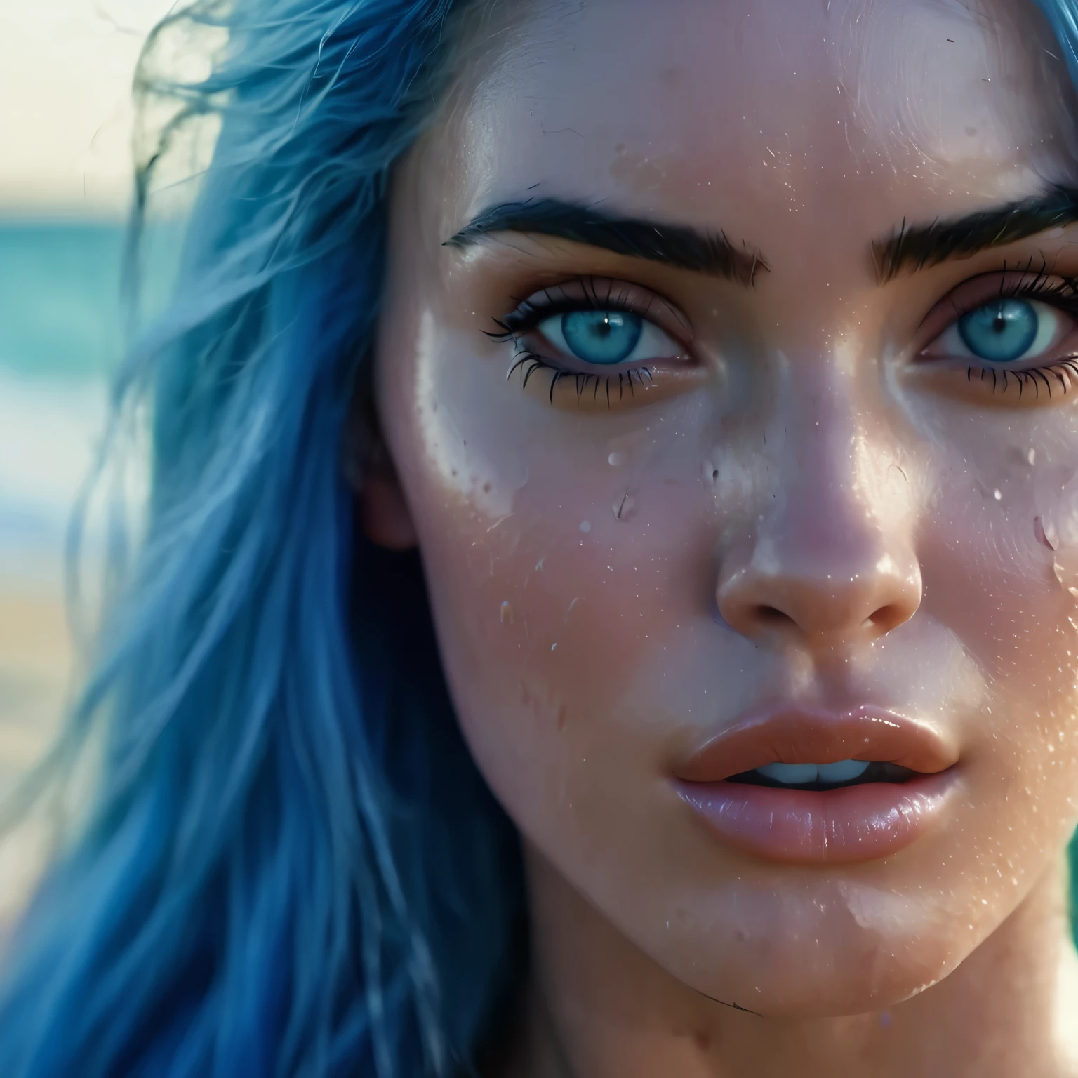 high quality 8k, megan fox, 21 years old, blue eyes, detailed blue hair, very detailed
shadows, skin texture, detailed skin texture, detailed face features, sensual face, brazillian
butt ( feature ), face looking at the viewer, realistic skin texture, no background, light
smile, instagram picture, upstanding, detailed body shape long hair cinematic lighting,
Canon, cinematic lighting, Hyperrealism, Masterpiece, anatomically correct, super detail,
textured skin, UHD, natural lightning, face picture, portrait, blue hair, sit down at the beach
up with bubble,naked with detailed vagina including clitorist