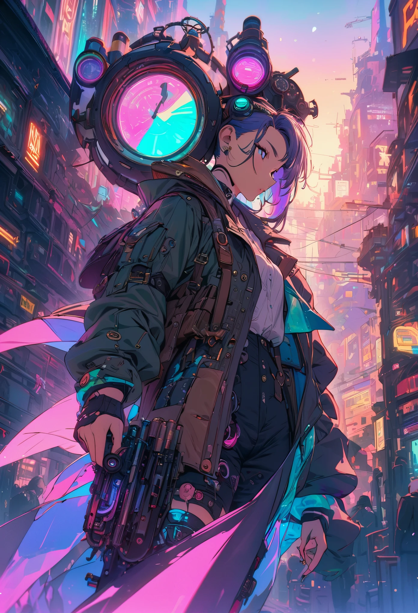 best quality, super fine, 16k, incredibly absurdres, extremely detailed, kaleidoscope of cyberpunk, steampunk, dieselpunk, and clockpunk, with a beautiful creator god at its center, variety of visual styles that combine various artistic elements like a sparkling iridescent pastel and vivid colors