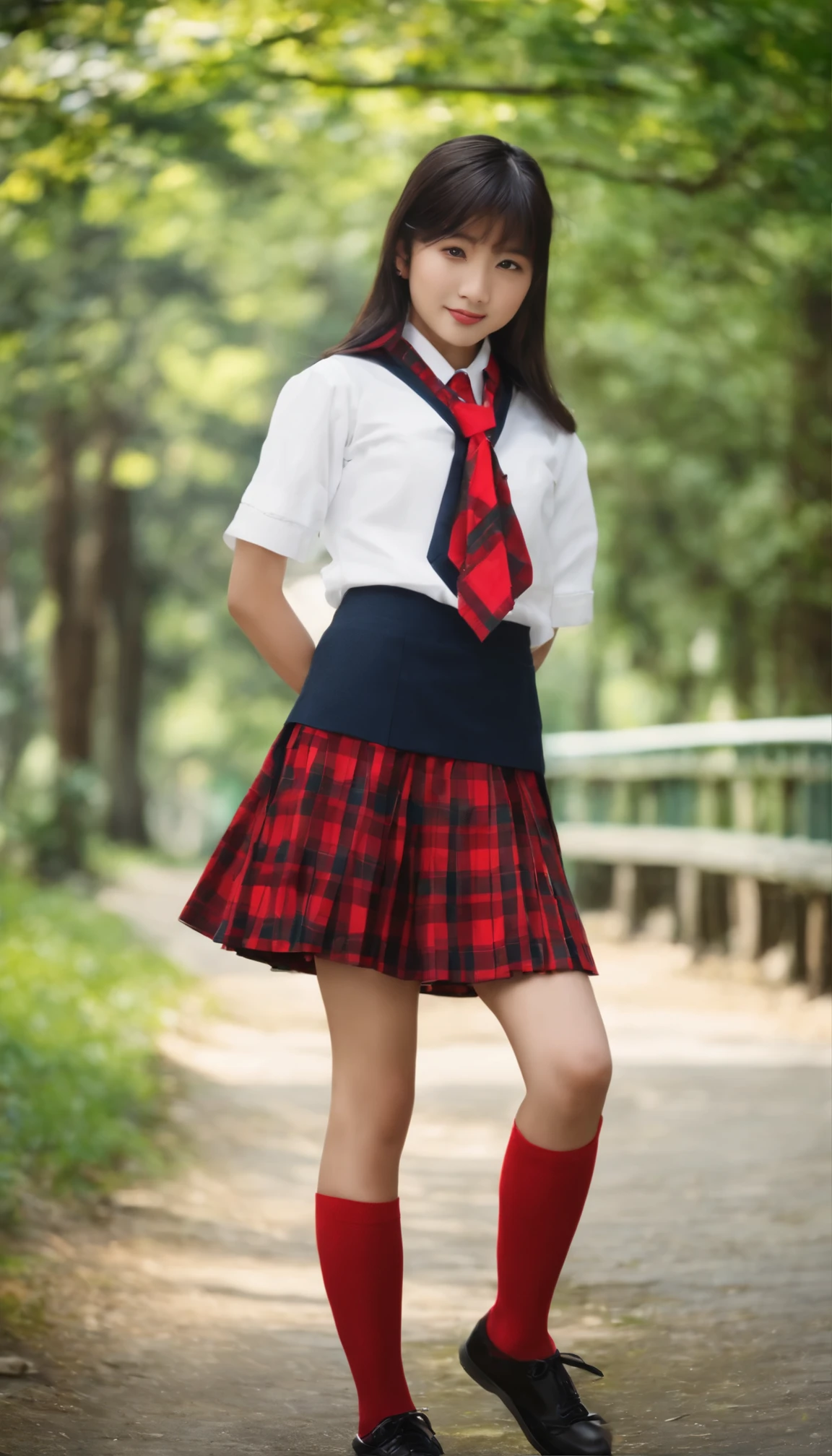 14 years old、Japanese、middle School girls、uniform、red plaid mini skirt、
