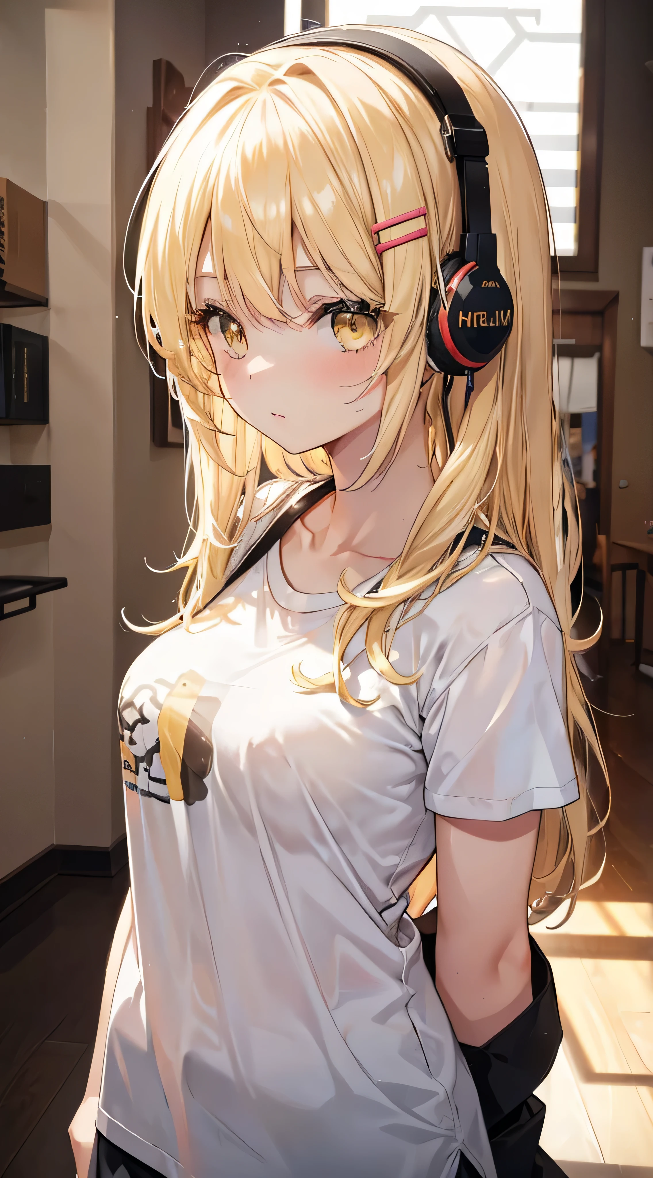 1girl, ( young girl, cute girl), medium breast, blonde hair.detailed beautiful eyes.yellow  eyes, long hair, bangs, hair clip, white T - shirl, using headset