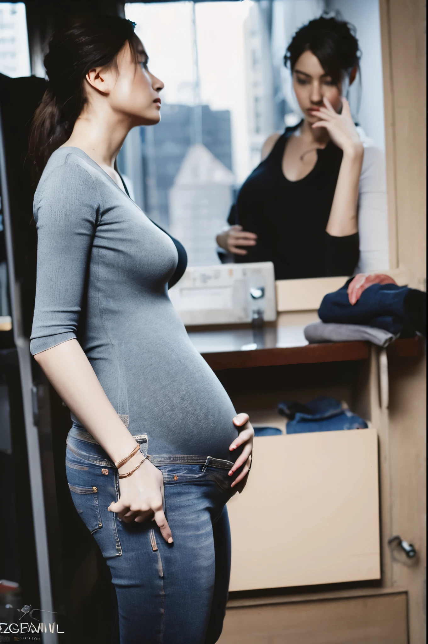 (masterpiece, best quality), 1girl and 1 man, claireredfield2, pregnant, wear jeans, side view