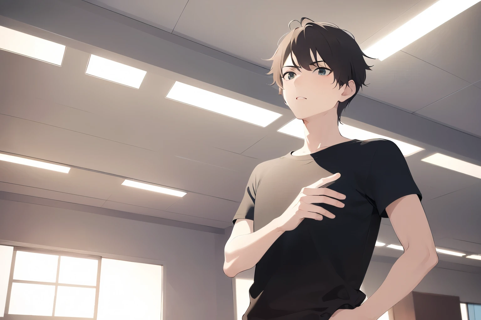 Shooting from below、masterpiece、highest quality、(25 year old male:1.5) and (brown short hair) and (green eyes), (plain black t-shirt) and (long sleeve)、serious expression、open mouth, Are standing、Background is an office room、(Alone:1.5)、Upper body is shown、