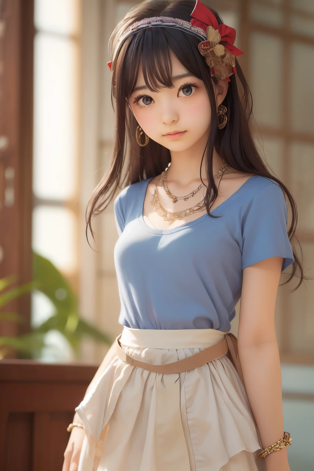 ((Detailed face, Cute Face)), (彼女は白い刺繍の入った長いスカートをyesている, Red blouse with lace, A white apron is tied around her waist, Blue socks, Brown leather shoes, She has a blue scarf wrapped around her head. yes, Her accessories include necklaces., Earrings, bracelet. 1 person)), Ultra-high resolution, (Realistic: 1.4), RAW Photos, Highest quality, (PhotoRealistic Stick), concentrated, Soft Light, (()), ((Shiny platinum blonde silky super long straight hair, beautiful shiny bangs, Big clear sky blue eyes, Very beautiful bright eye highlights )), (( (Young Face))), (surface), (Depth of written boundary), masterpiece, (Realistic), woman, bangs, ((1 person))