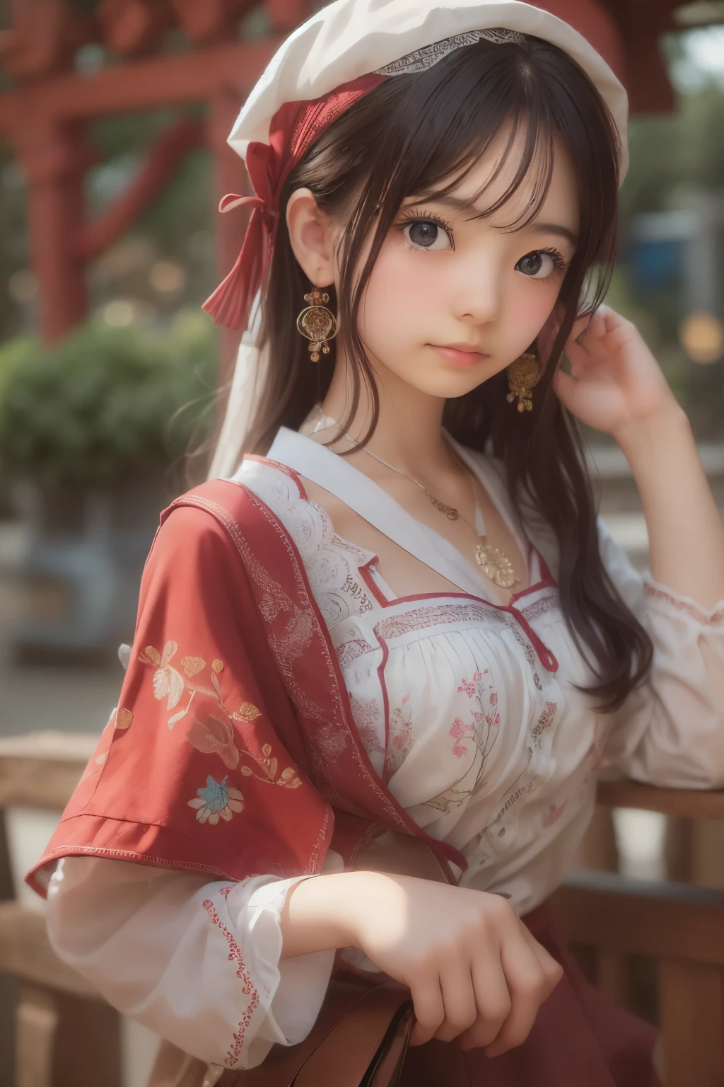 ((sfw: 1.4)), (sfw,She is wearing a long white embroidered skirt, a red blouse with lace, a white apron tied around her waist, blue socks, and brown leather shoes.A blue scarf is on her head. Yes, her accessories include necklaces, earrings, and bracelets. 1 Girl)), Ultra High Resolution, (Realistic: 1.4), RAW Photo, Best Quality, (Photorealistic Stick), Focus, Soft Light, ((************)),  ((Japanese)), (( (young face))), (surface), (depth of field), masterpiece, (realistic), woman, bangs, ((1 girl))