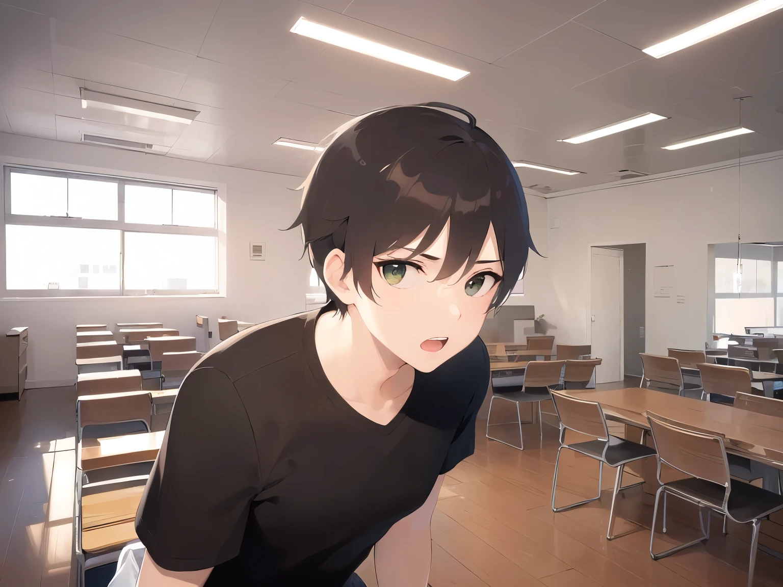 Shooting from below、masterpiece、highest quality、(25 year old male:1.5) and (brown short hair) and (green eyes), (plain black t-shirt) and (long sleeve)、serious expression、open mouth, Are standing、Background is an office room、(Alone:1.5)、Upper body is shown、