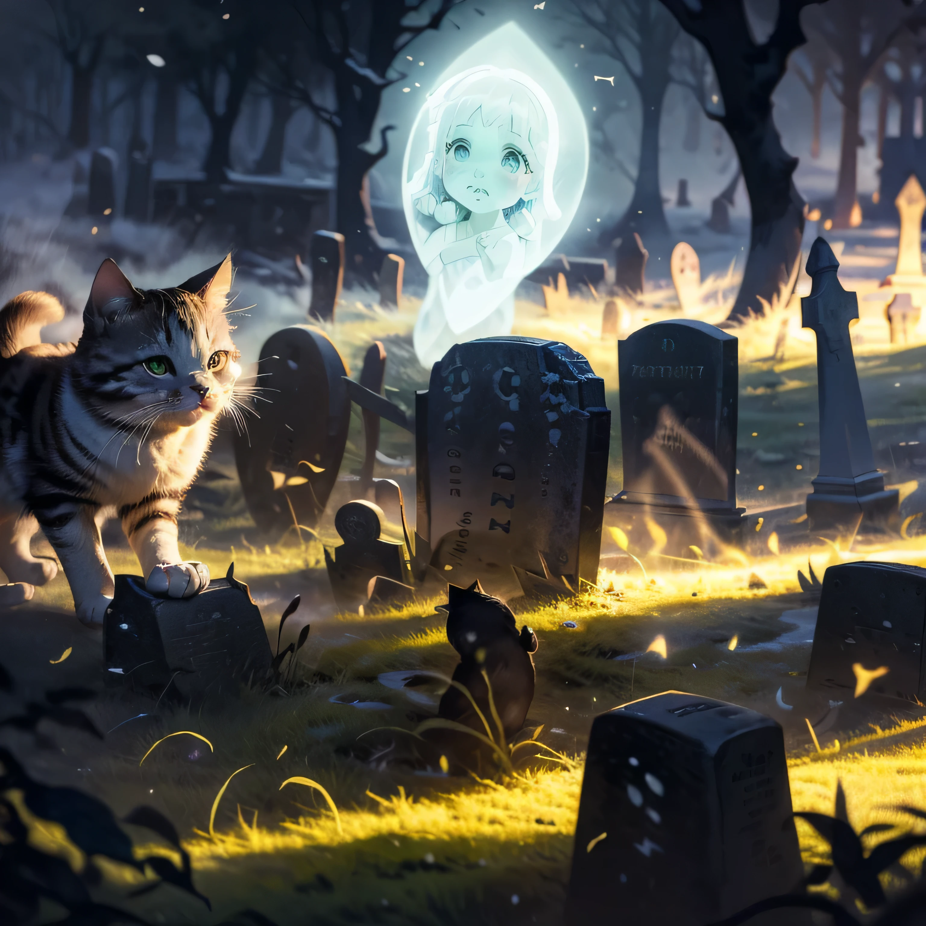 objet lumineux: une fille dans un cimetière pleure sur la tombe de son chat (ghost cat phosphorescent). (best quality, high resolution, chef-d&#39;artwork: 1.2) Ultra-detailed, Couleurs vives, illuminating light source, ethereal, douce lueur, Surnaturel, sharpness, jeu d&#39;shadow and light, Radiant Radiance, fascinant, sparkling, thrilling shine, translucide, danser des couleurs irisées, with interior light, brillant et enchanteur, hypnotic brightness, briller dans le noir, Enfant triste, au bord d&#39;une pierre tombale, chat mort, tombe de chat, ghost cat. 