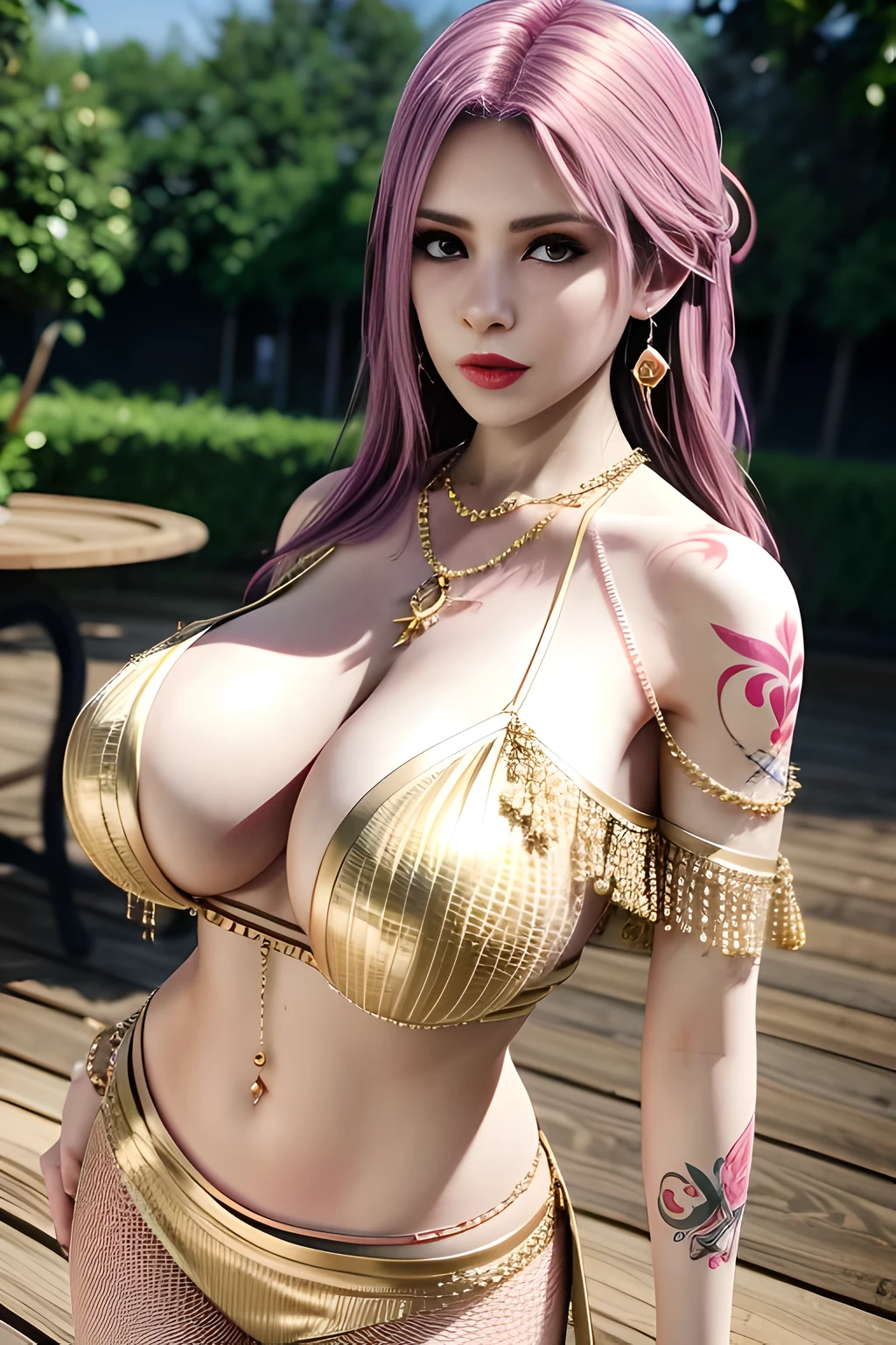 1 girl,standing posture,off shoulder dress, (Champagne mesh skirt),(Body chain:1.1),Gemstone tassels,, outdoor,elegant,shiny skin,( huge breasts),split, red lips,( tattoo:1.3), masterpiece, best quality, actual , 8K,Portrait Art,alone,  Elise,
