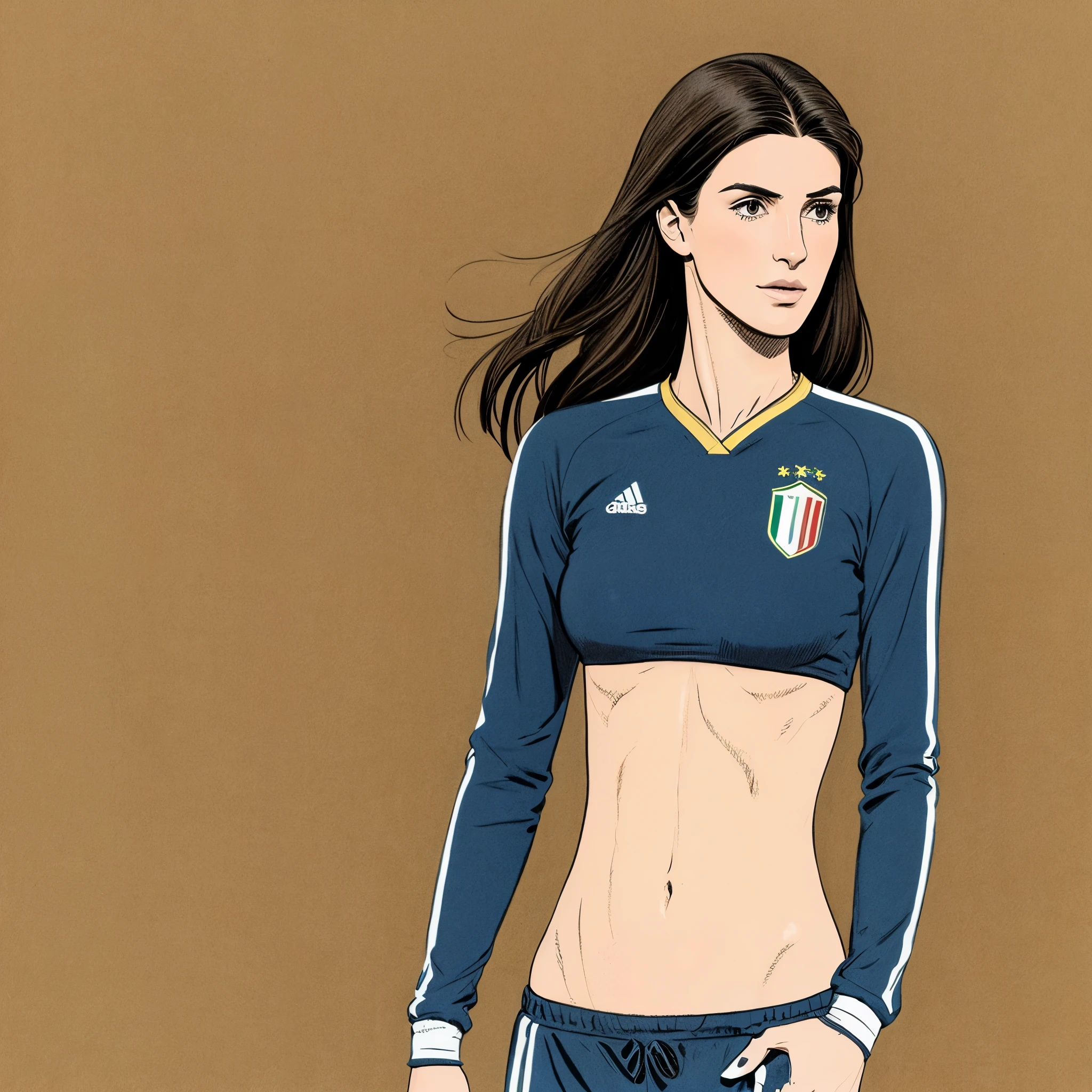 Draw a drawing of a brunette woman, medium-sized black hair, Average height, com bastante corpo, the middle between fat and thin. This woman has clear features of the buffon football player, who was a goalkeeper for the Italian national team.