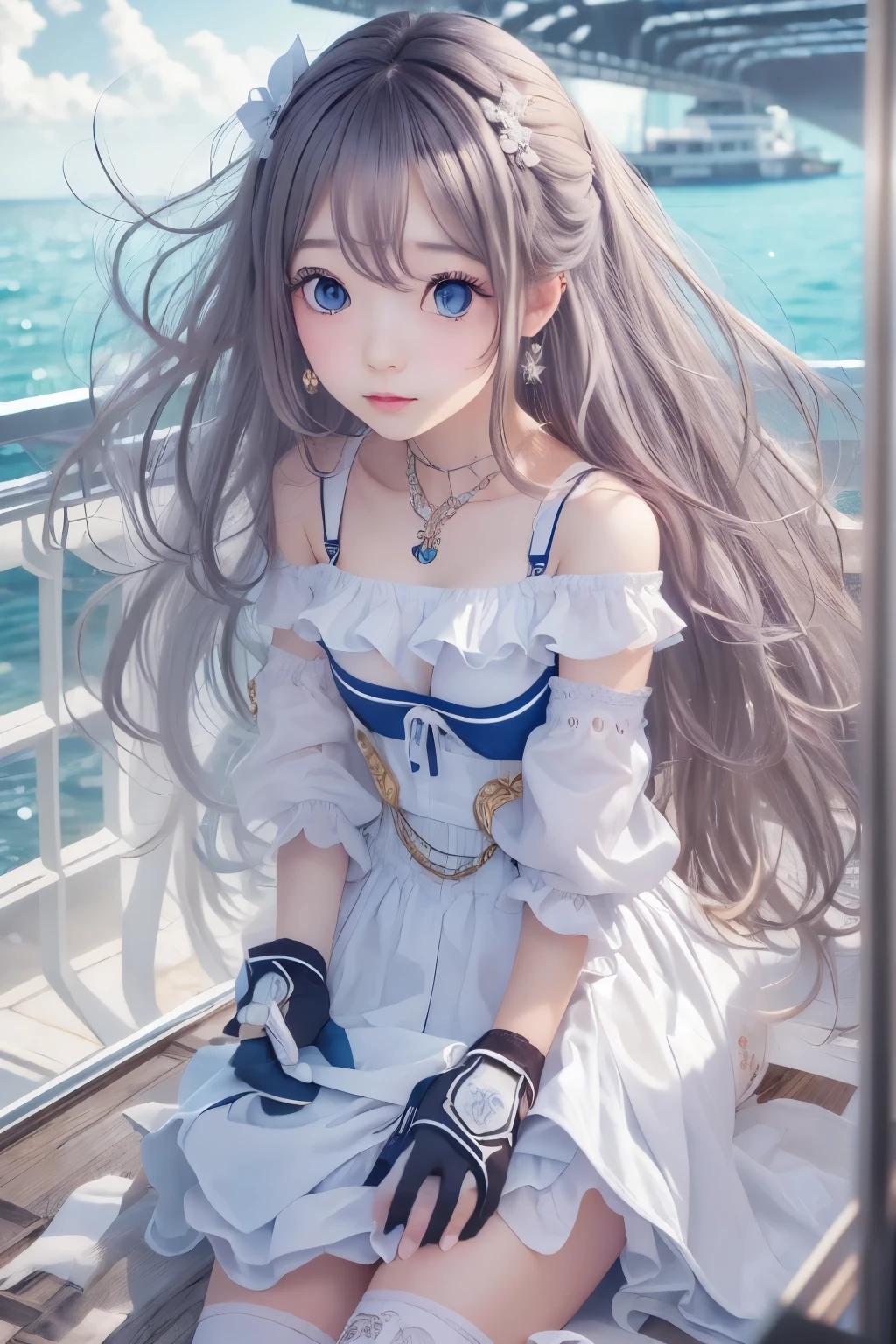 ((highest quality)), ((masterpiece)), ((1 girl)), alone, ferry, ((long hair)), ferryBase, ((Thighhighs)), bare shoulders, ((jewelry)), ((No sleeve)), white dress, blue skirt, ((gloves)), thigh height,