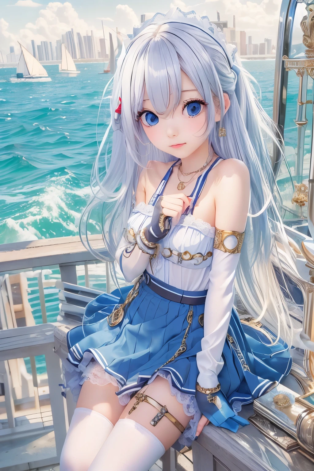 ((highest quality)), ((masterpiece)), ((1 girl)), alone, ferry, ((long hair)), ferryBase, ((Thighhighs)), bare shoulders, ((jewelry)), ((No sleeve)), white dress, blue skirt, ((gloves)), thigh height,