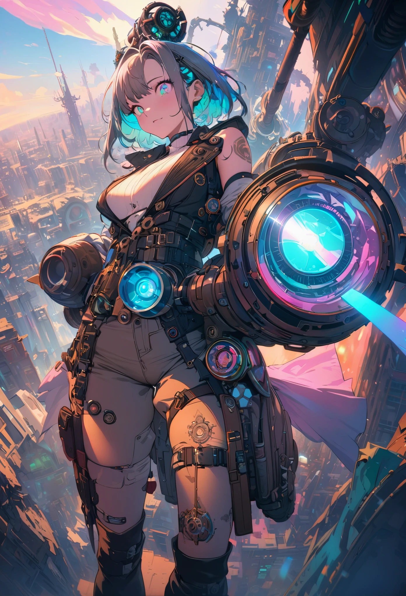 best quality, super fine, 16k, incredibly absurdres, extremely detailed, kaleidoscope of (cyberpunk:0.5), steampunk, dieselpunk, and clockpunk, with a beautiful creator god at its center, variety of visual styles that combine various artistic elements like a sparkling iridescent pastel and vivid colors