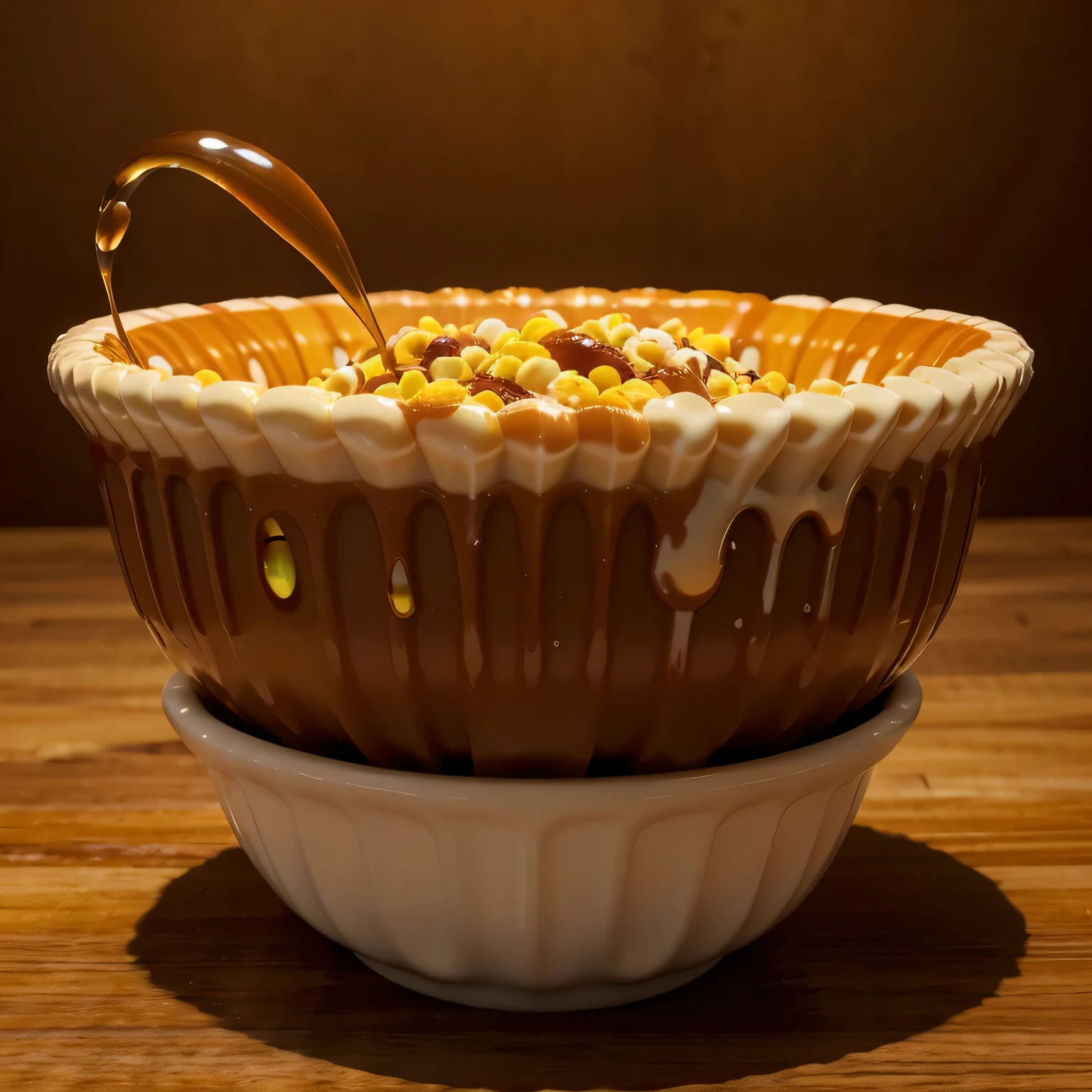 Generate a circular bowl having medium size shapes of caramel extruded puffed corn with caramel liquid drizzling at the background and few drops of the caramel extruded corn puff on the background and the background should be plain and very colorful and the image should be very attractive to look at