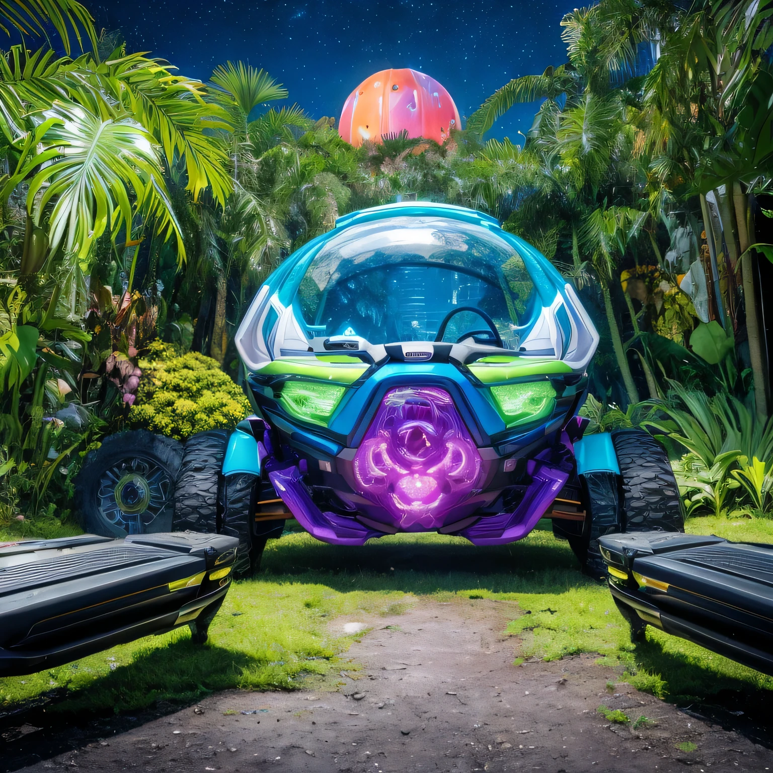 an intergalactic safari adventure with alien animals, futuristic vehicles, and exotic landscapes combining neon colors with natural elements such as flowers, leaves, and animals for a bold and dynamic look.