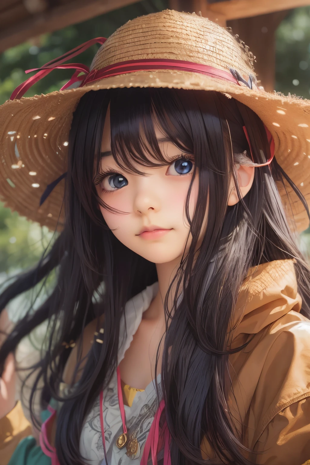Anime girl with long black hair wearing a straw hat, anime style 4k, beautiful anime portrait, anime moe art style, anime art wallpaper 4k, anime art wallpaper 4k, High quality anime art style, anime style portrait, Gweiz, artwork in the style of Gweiz, detailed digital anime art, anime art wallpaper 8k, cute anime girl portrait