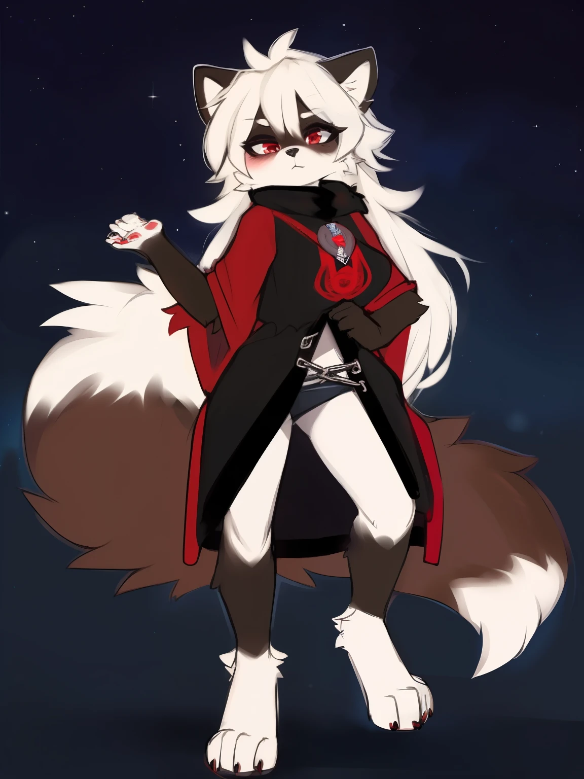 ((masterpiece, best quality)) by zackary911,zackary911, fluff-kevlar, by fluff-kevlar. raccoon anthro, white fur. white hair. one character, blue eyes, furry female, female, fluffy fur, big fluffy tail, breast, fluffy fur neck, long hair, red eyes, black-red poncho, fluffy fur, full body. full height, serious face, night background