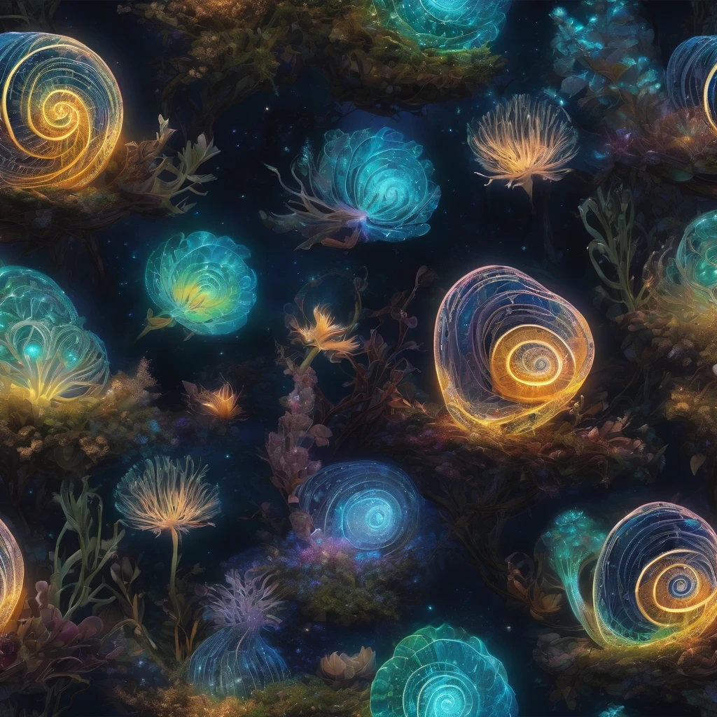 luminous object, aesthetic, extremely detailed, (transparent:1.5) glass snail shell filled with (bioluminescent:2) plants : luminous opalescent : Insanely detailed beautiful snail with glass shell : meticulously detailed filigree snail shell : bioluminescent (glowing:2.1) snail : (shimmering:1.3) : (sparkling:1.6) : extreme contrast and saturation : starry galactic night sky background : magical fantasy artwork : ultra high quality : dramatic lighting : extreme contrast : rule of thirds : HDR : photorealistic : florescent light