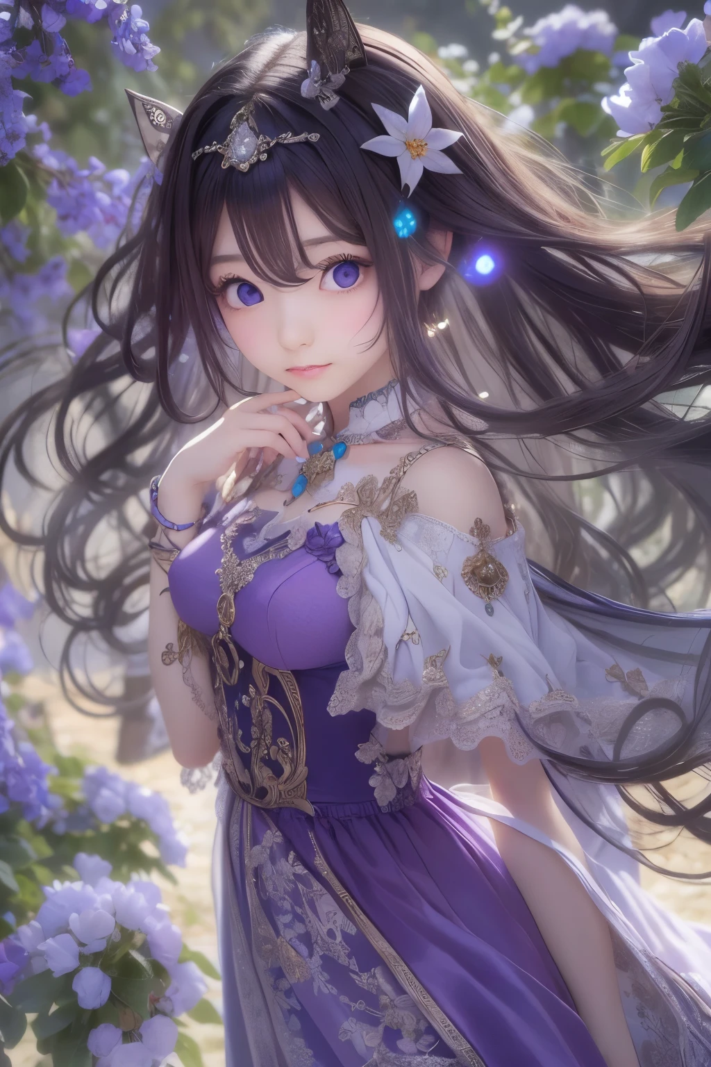 masterpiece, highest quality, Super detailed, figure, , , 1 girl,alone, image body, flower, looking at the viewer, , , purple eyes, eyes like jewels, very fine eyes, highly detailed face,, , star (null), star座, purple energy, handrail, 流star