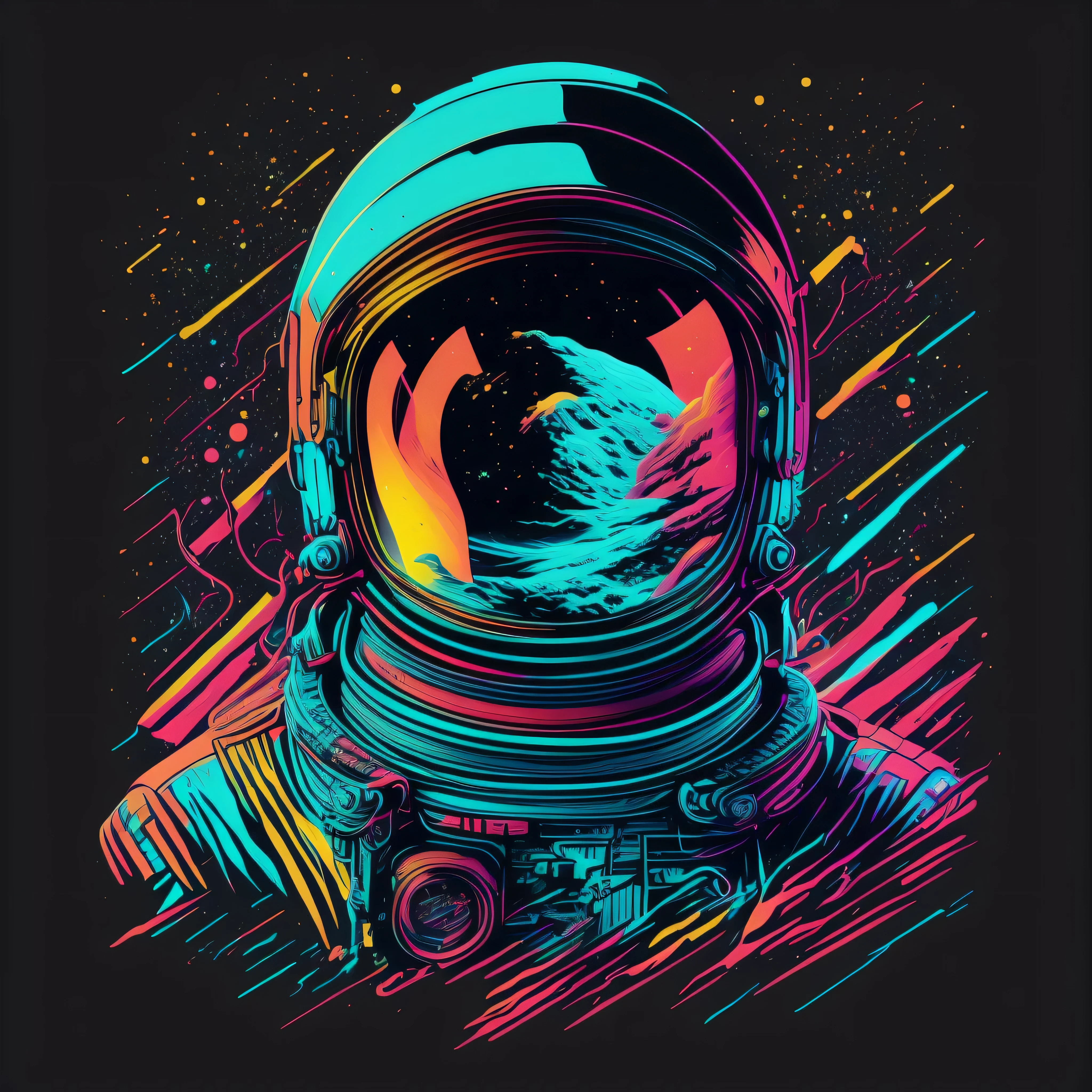 astronaut, the space, galaxy, 80's vector image, T-shirt design, isolated, black background, cyan yellow illustration and red only, strong color