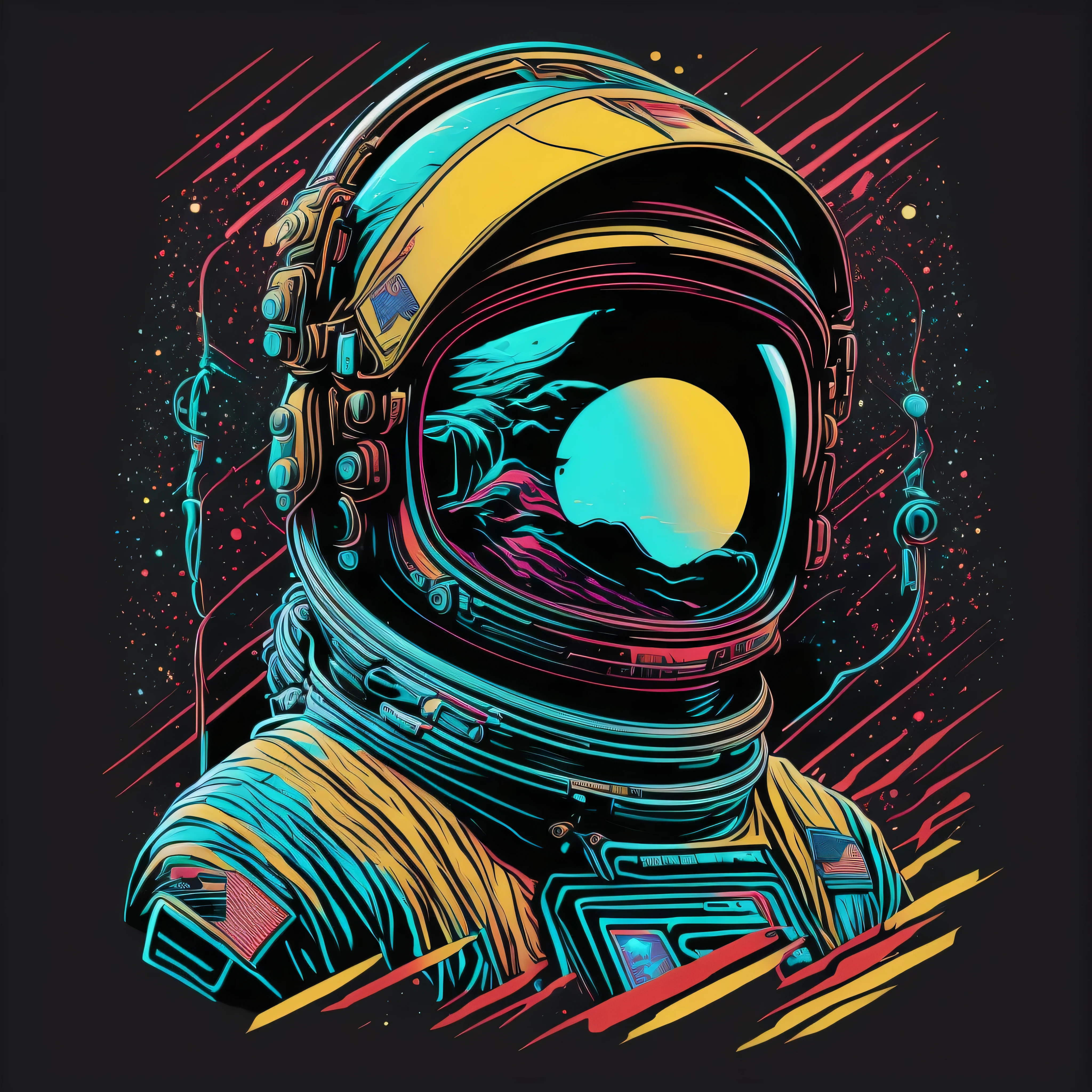 astronaut, the space, galaxy, 80's vector image, T-shirt design, isolated, black background, cyan yellow illustration and red only, strong color