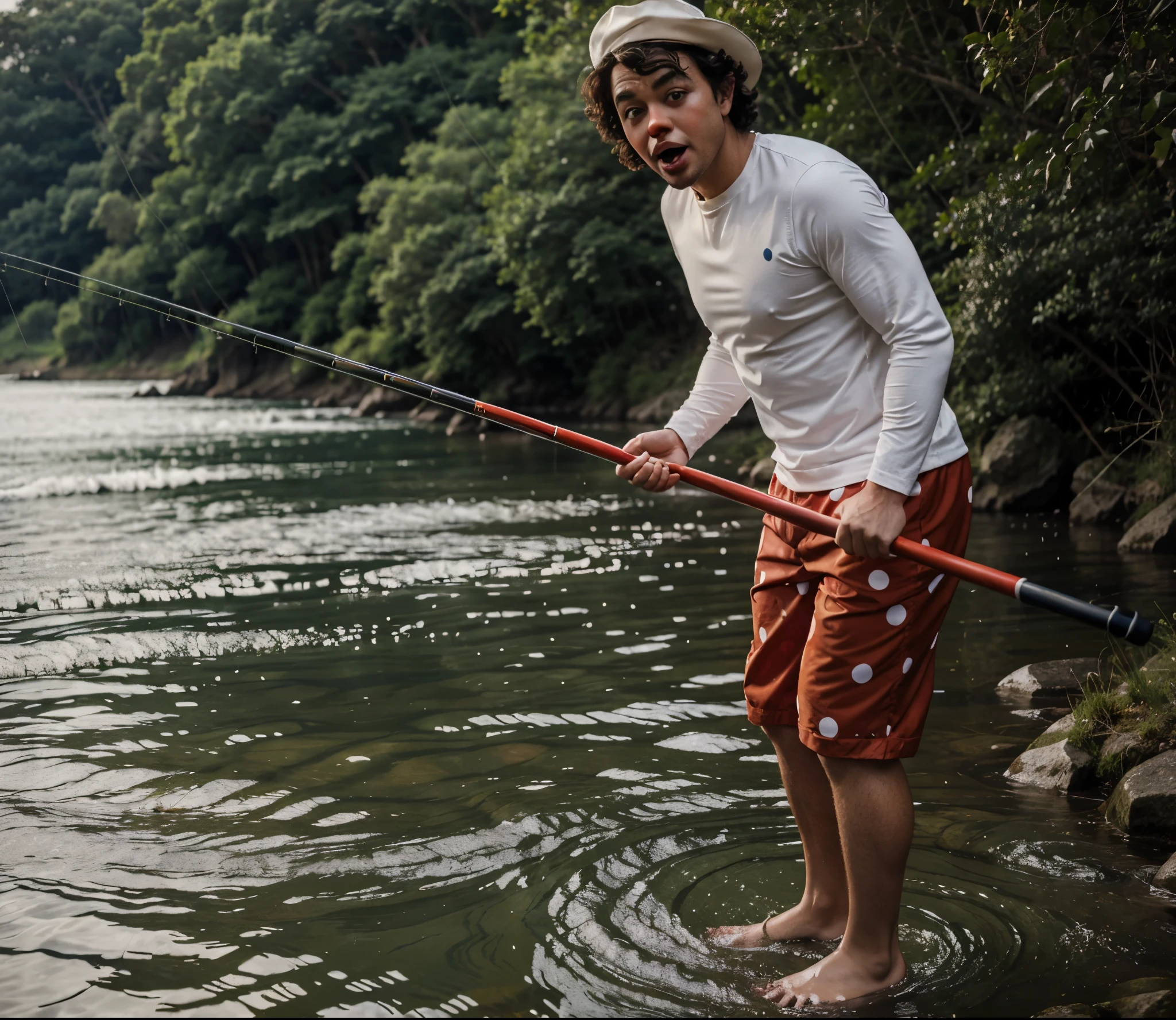 Masterpiece, detailing, oil painted cartoon, Cute pFisherman (Clown buff in makeup) with fishing rod in hand, bent over, surprised, screaming, white makeup, (big round red nose), wading boots, polka dot shorts, river and greenery in background