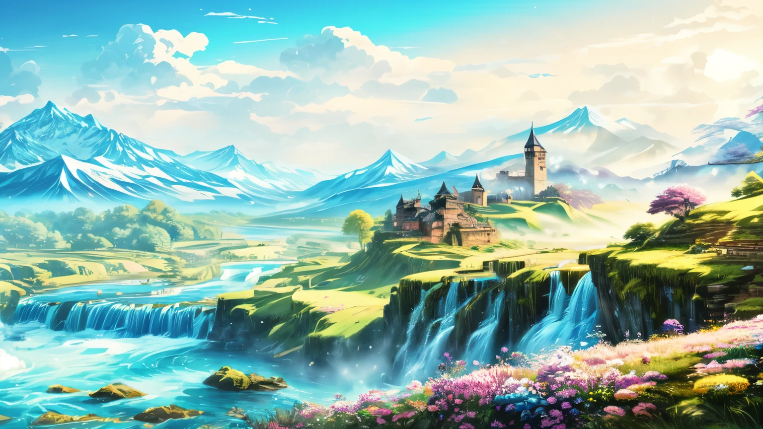 picture of a beautiful mountain landscape with a waterfall and a castle, beautiful art uhd 4 k, 8k high quality detailed graphics, awesome wallpaper, anime Landscape wallpaper, Beautiful wallpaper, Highly detailed 4k digital art, anime rural landscape, Detailed digital art 4k, Landscape wallpaper, fantasy art landscape, detailed decorations - width 672, beautiful detailed fantasy