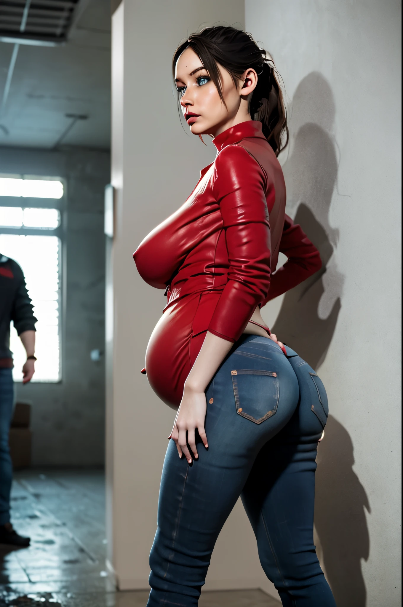 (masterpiece, best quality), 1girl and 1 man, claireredfield2, pregnant, wear jeans, side view, big 
