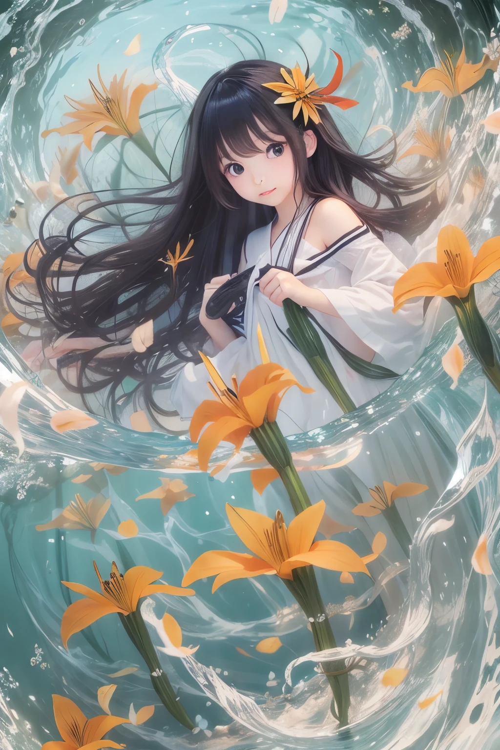 Japanese underwater, girl, long flowing black hair, angel wings, orange yellow and white lily flowers
