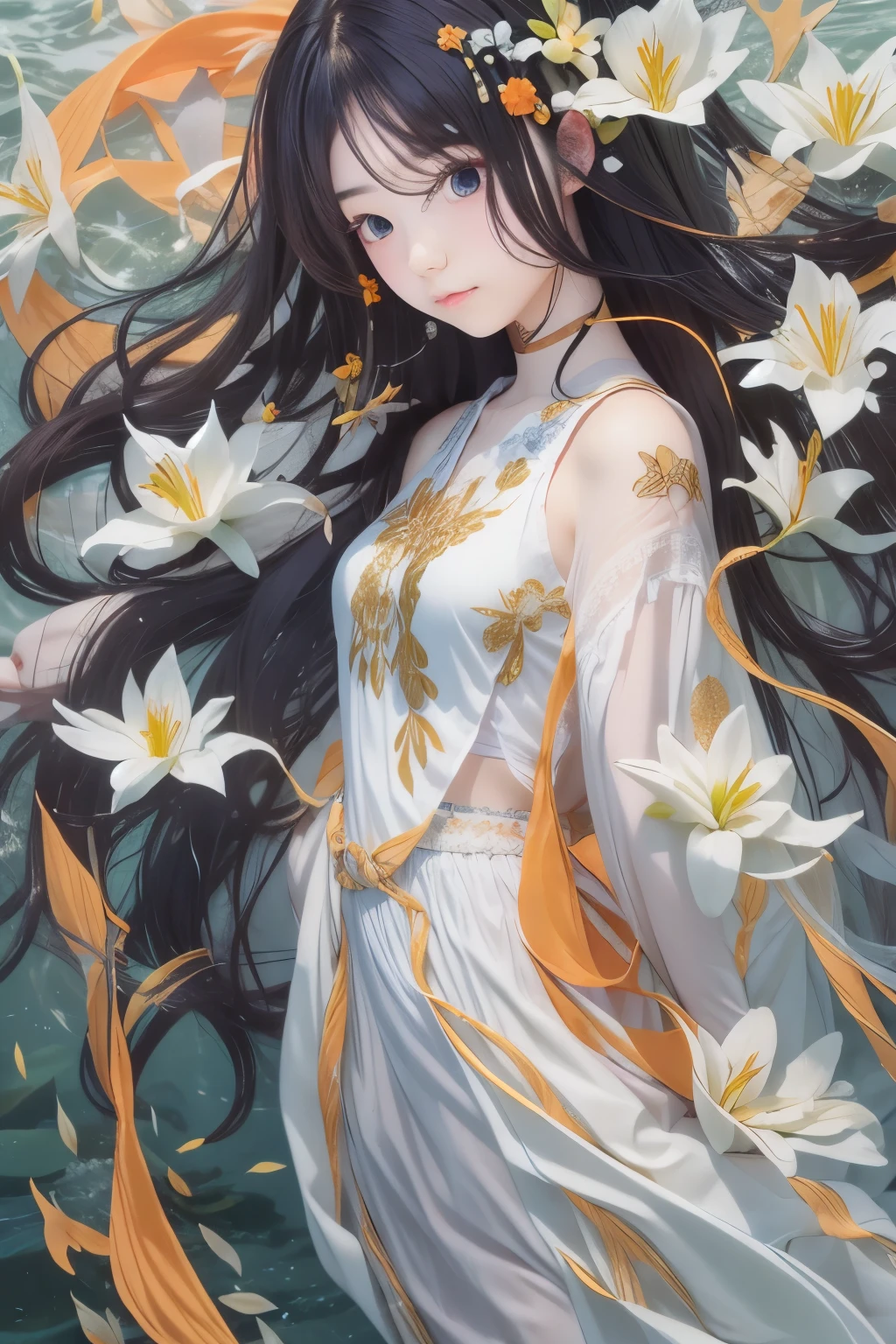 Japanese underwater, girl, long flowing black hair, angel wings, orange yellow and white lily flowers