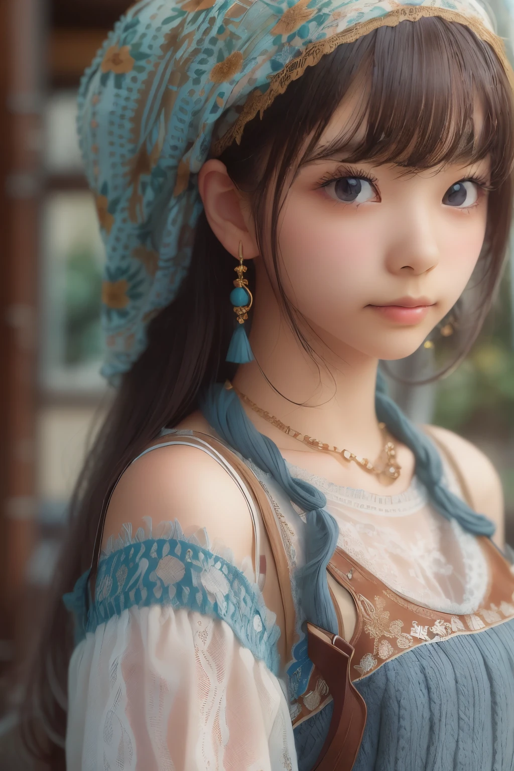 detailed face, cute face,brown eye, ((sfw: 1.4)), (sfw,She is wearing a long white embroidered skirt, a red blouse with lace, a white apron tied around her waist, blue socks, and brown leather shoes.A blue scarf is on her head. Yes, her accessories include necklaces, earrings, and bracelets. 1 Girl)), Ultra High Resolution, (Realistic: 1.4), RAW Photo, Best Quality, (Photorealistic Stick), Focus, Soft Light, ((15 years old)), ((Japanese)), (( (young face))), (surface), (depth of field), masterpiece, (realistic), woman, bangs, ((1 girl))