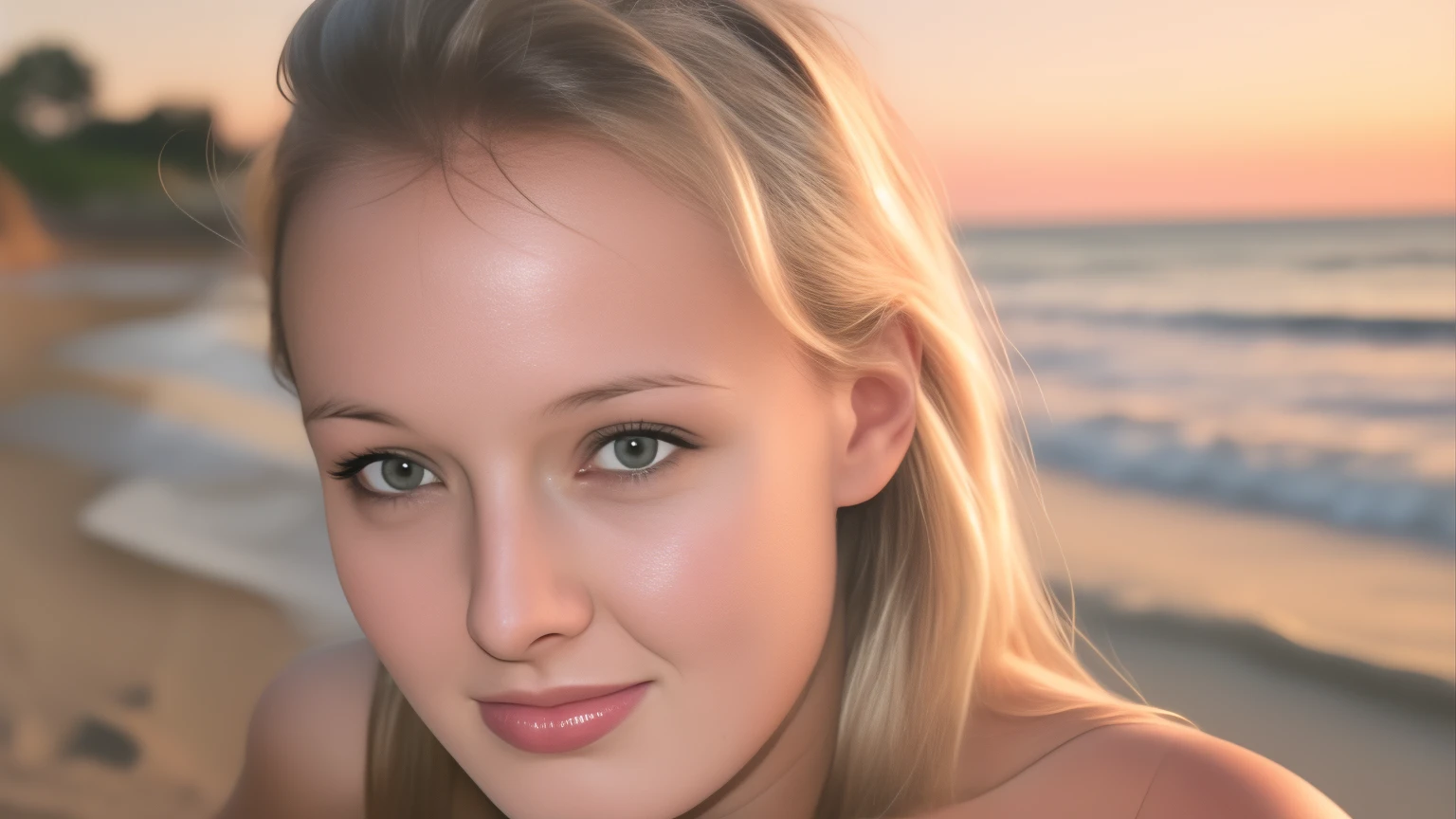 Kerri, 1girl, solo, ((full-body, fully_nude)), beautiful 18 year old girl, beautiful eyes, shoulder length blonde brown hair, tight high ponytail. Kerri has a perfectly toned athletic frame. She is standing on the beach at the water's edge. The sun casts afternoon shadows and the scene has soft,neutral and magical colours. (masterpiece, 4K_resolution, best_quality:1.2), ((ultra_detailed, More Detail, Enhance)), ((perfect_detail, perfect_texture)), ((perfect_pose, perfect_anatomy, perfect_body):0.8), ((half-body_image)), ((perfect_finger, perfect_fingers, perfect_hand, perfect_hands, better_hands, perfect_legs):0.7),  (highly_detailed_skin:1.1), ((RAW, analog_style, sharp_focus, 8k UHD, DSLR, high_quality, Fujifilm XT3):1.0), ((perfect_body, perfect_skin, perfect_eyes, perfect_lips):1.2), ((perfect_lighting, vivid_colours, high_contrast, dramatic_lighting):1.3), 