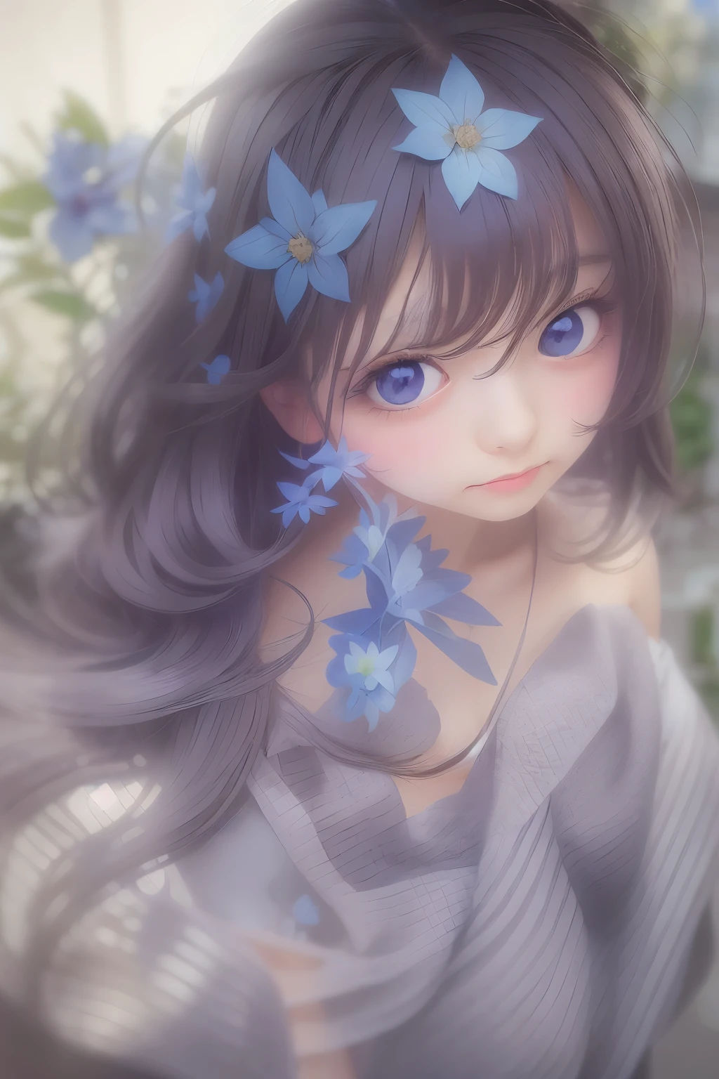 masterpiece, highest quality, Super detailed, figure, , , 1 girl,alone, image body, flower, looking at the viewer, , , purple eyes, eyes like jewels, very fine eyes, highly detailed face,, , star (null), star座, purple energy, handrail, 流star