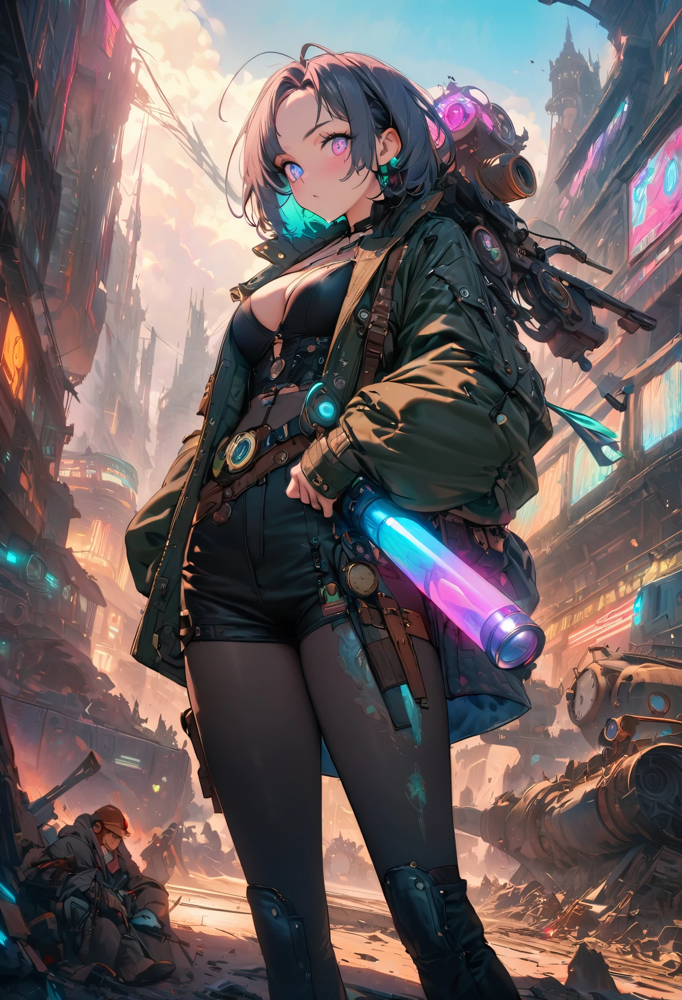 best quality, super fine, 16k, incredibly absurdres, extremely detailed, kaleidoscope of (cyberpunk:0.5), steampunk, dieselpunk, and clockpunk, with a beautiful Creator and Destruction Gods at its center, dark fantasy, variety of visual styles that combine various artistic elements like a sparkling iridescent pastel and vivid colors
