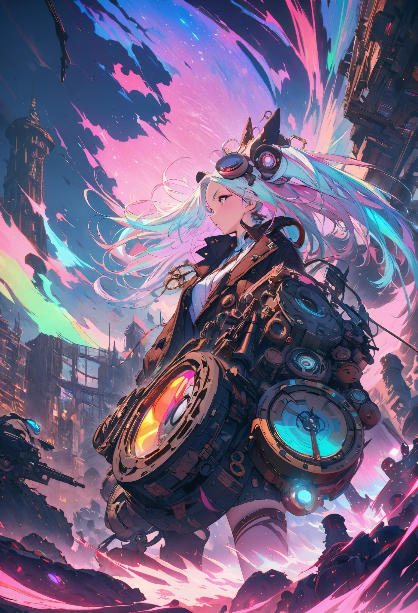 best quality, super fine, 16k, incredibly absurdres, extremely detailed, kaleidoscope of (cyberpunk:0.5), steampunk, dieselpunk, and clockpunk, with a beautiful Creator and Destruction Gods at its center, dark fantasy, variety of visual styles that combine various artistic elements like a sparkling iridescent pastel and vivid colors