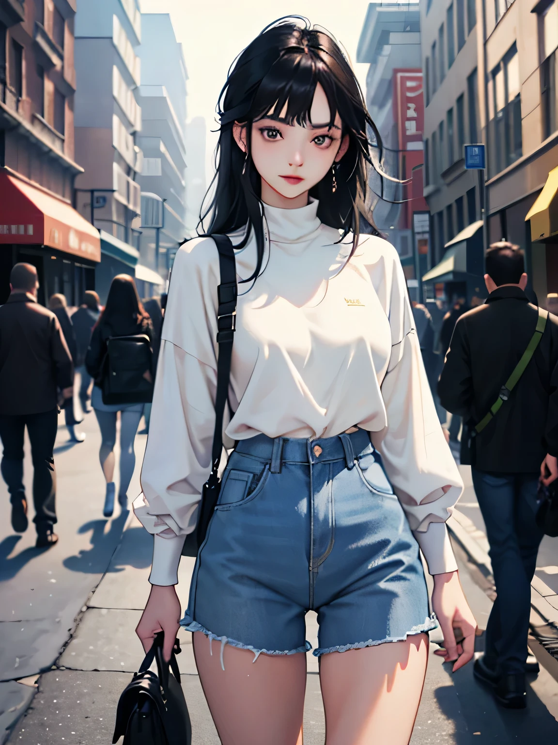 young woman 25 years old: 1.3, long black hair: 1.2, casual wear: 1.2, daytime: 1.2, on the street: 1.2, movie lighting, Surrealism, ultra high definition, precise, Super details, textured skin, high detail, best quality, 8K