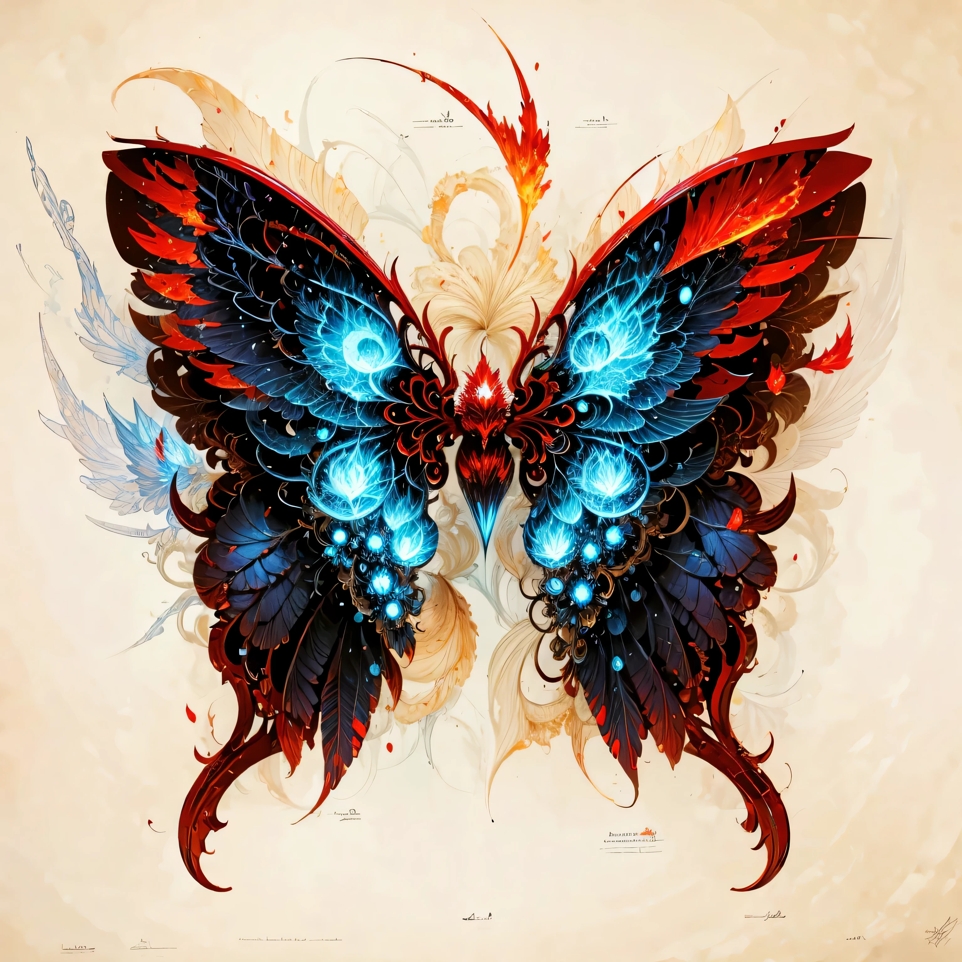 Fire Phoenix Element,Red element,Flame pattern printed on wings,The wings are surrounded by flames