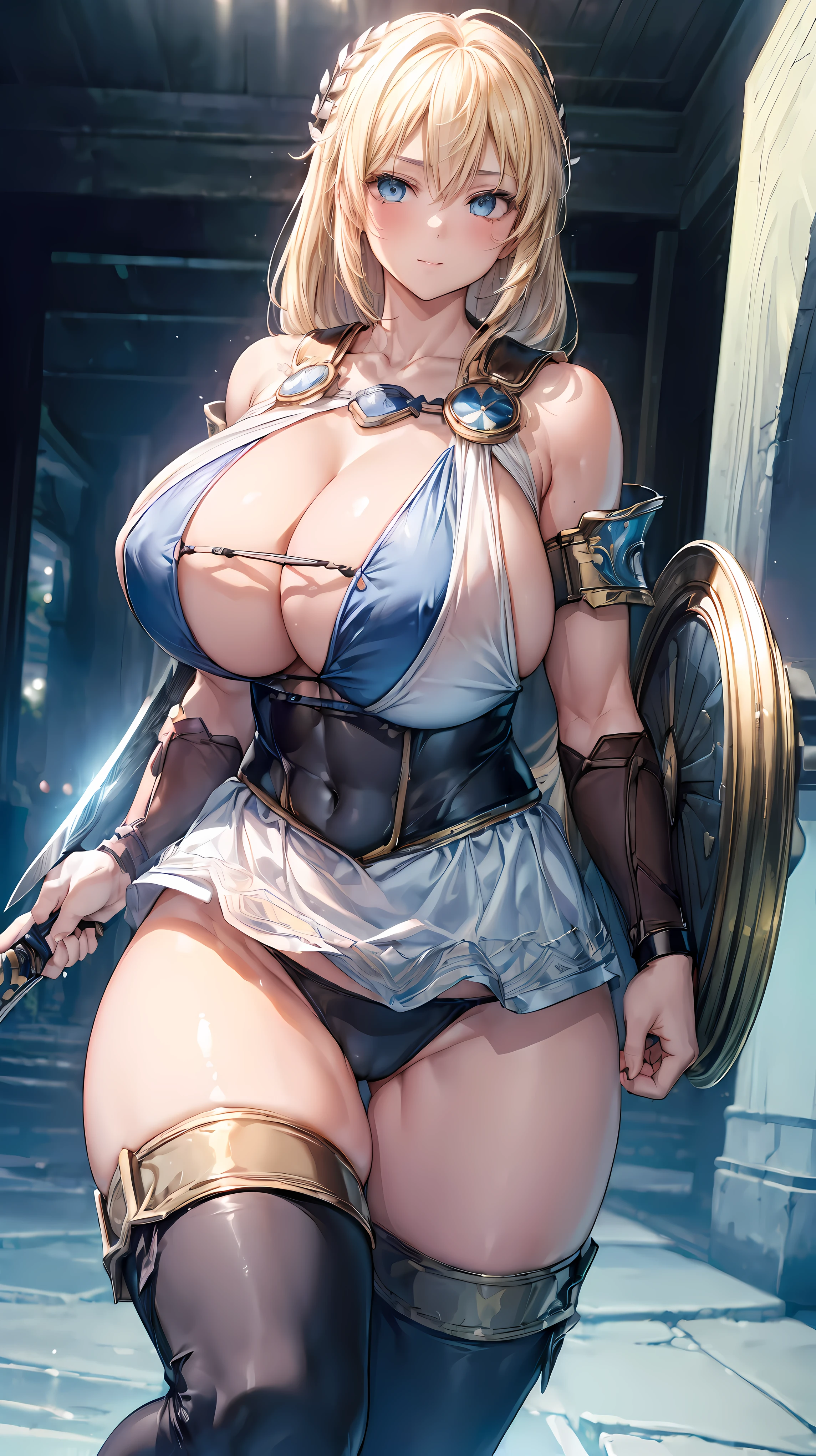 sensual, long blonde hair, thick thighs, 8K, 4k, highest quality, (High resolution:1.6), cute anime face, noise reduction, (shining blue eyes, gentle smile, kind eyes)、toned abdominal muscles, muscular arms, muscular legs, young face, anime eyes, Sophitia Alexandra、(holding a sword in the right hand:1.5)、(Equipped with a shield on the left arm:1.5)、(SFW huge body:1.8)、knee high tights、beautiful hands、High leg cut thong