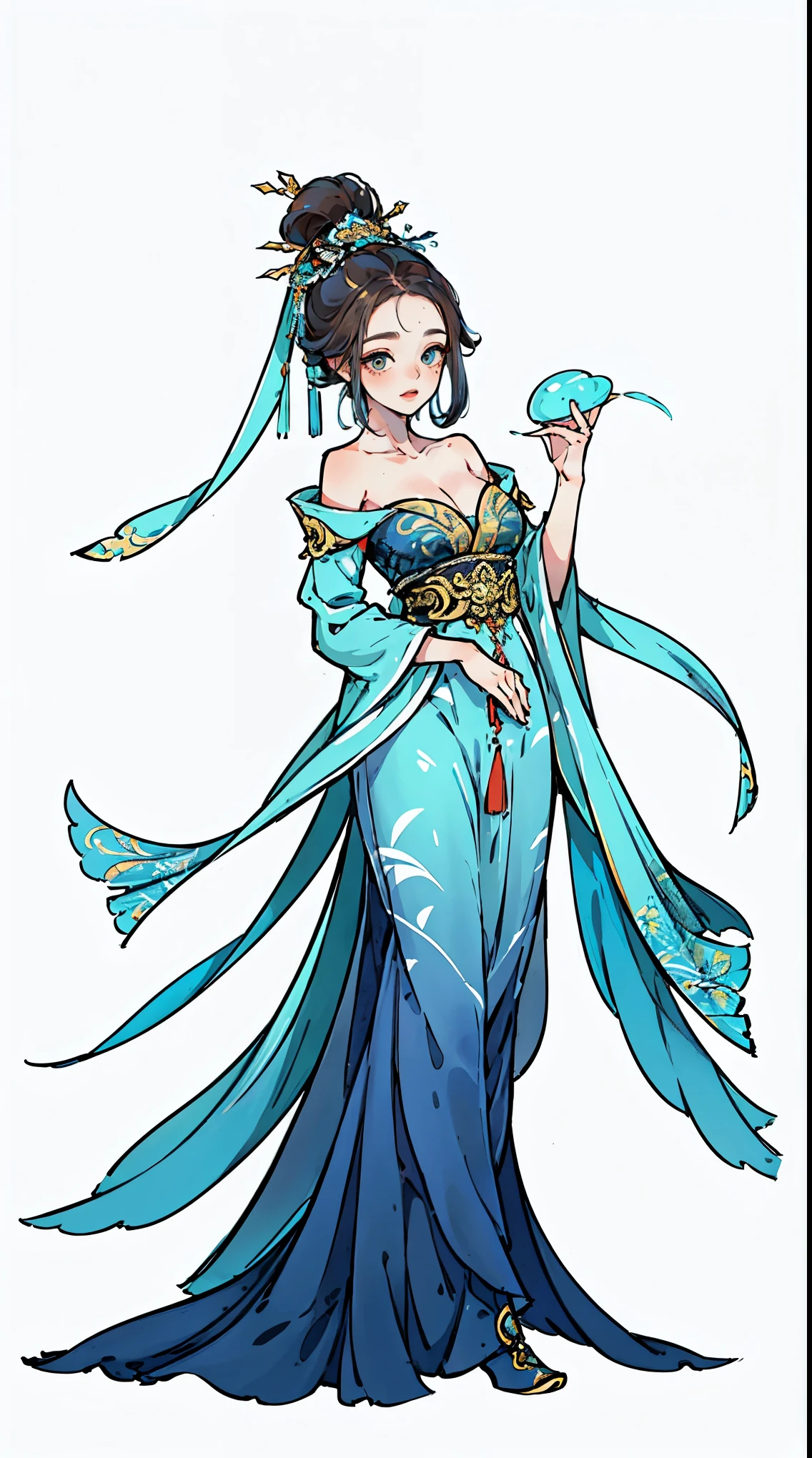 1 female（pretty face），Unique，full body standing painting，alone，bare shoulders，Transparent Background，Original character designs from East Asia，Game character costume design，Gorgeous intricate dress，high detail，color grade，White background，ultra high resolution，sharp focus，HD，8K，clear facial features，clear details，beautiful eyes，pretty face