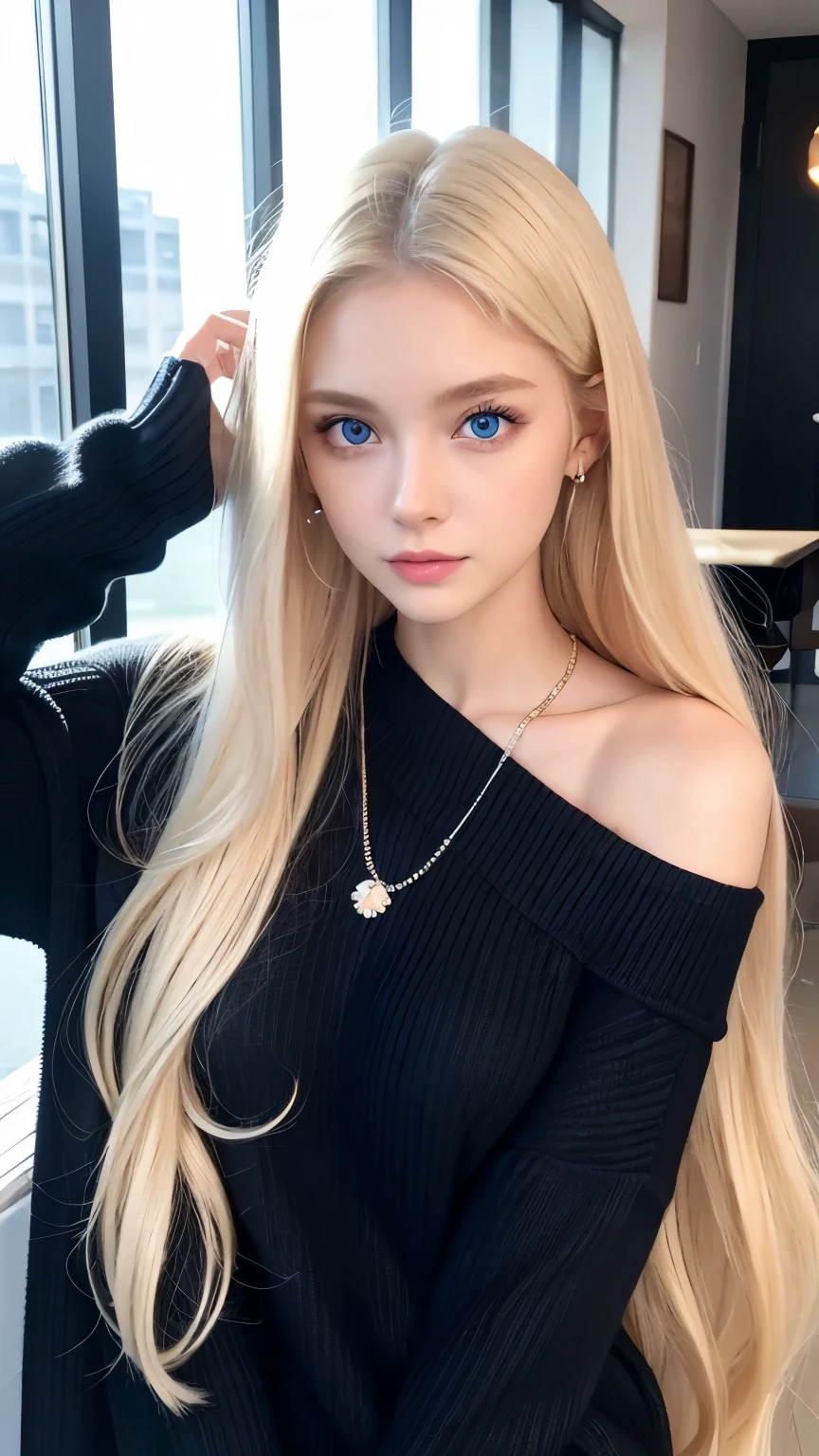 1 girl, 19 years old, extraordinary beauty、alone, Long blonde hair, Huge , looking at the viewer, silky blonde hair, bare shoulders, bright pale blue eyes, gem, full body, necklace, off shoulder, black sweater, realistic, sexy 8k、gross face、cheek gloss、small face beauty、