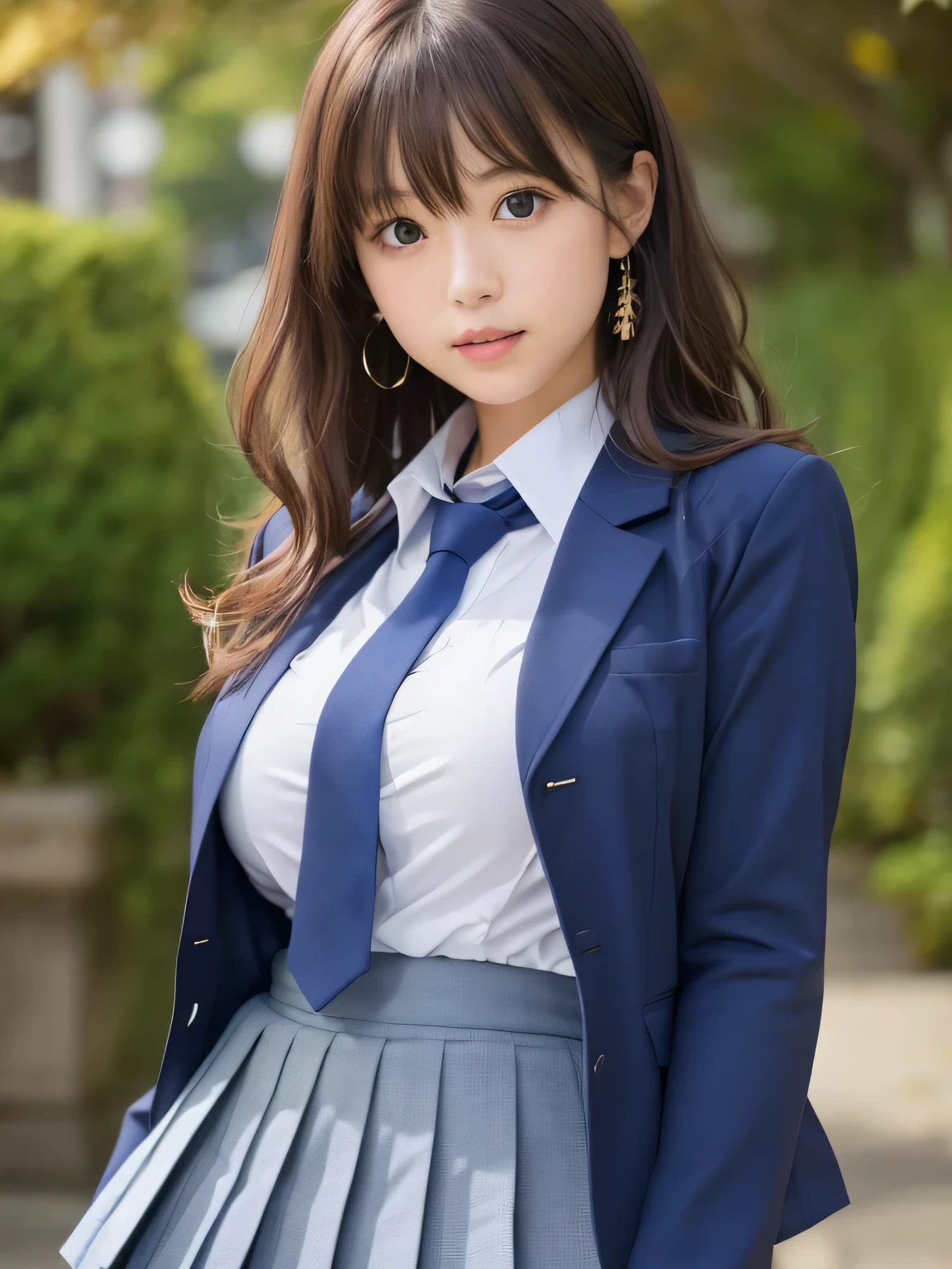 8K, highest quality, real image, intricate details, Super detailed, ultra high resolution, depth field,(realistic,realistic:1.2), 1 Japanese girl, very beautiful  girl, Big eyes, beautiful breasts:1.5、highly detailed eyes:1.2), (beautiful breasts:1.1), (small breasts:1.2), wavy hair、curly hair、bangs, perfect skin, Fair skin, (huge hips:1.3), (thick thighs:1.3), (thick legs:1.2), tight waist, light blush, alone, (School_uniform), (dark blue blazer), (white shirt、wear a tie), (gray pleated skirt), (sculpture installation :1.1)