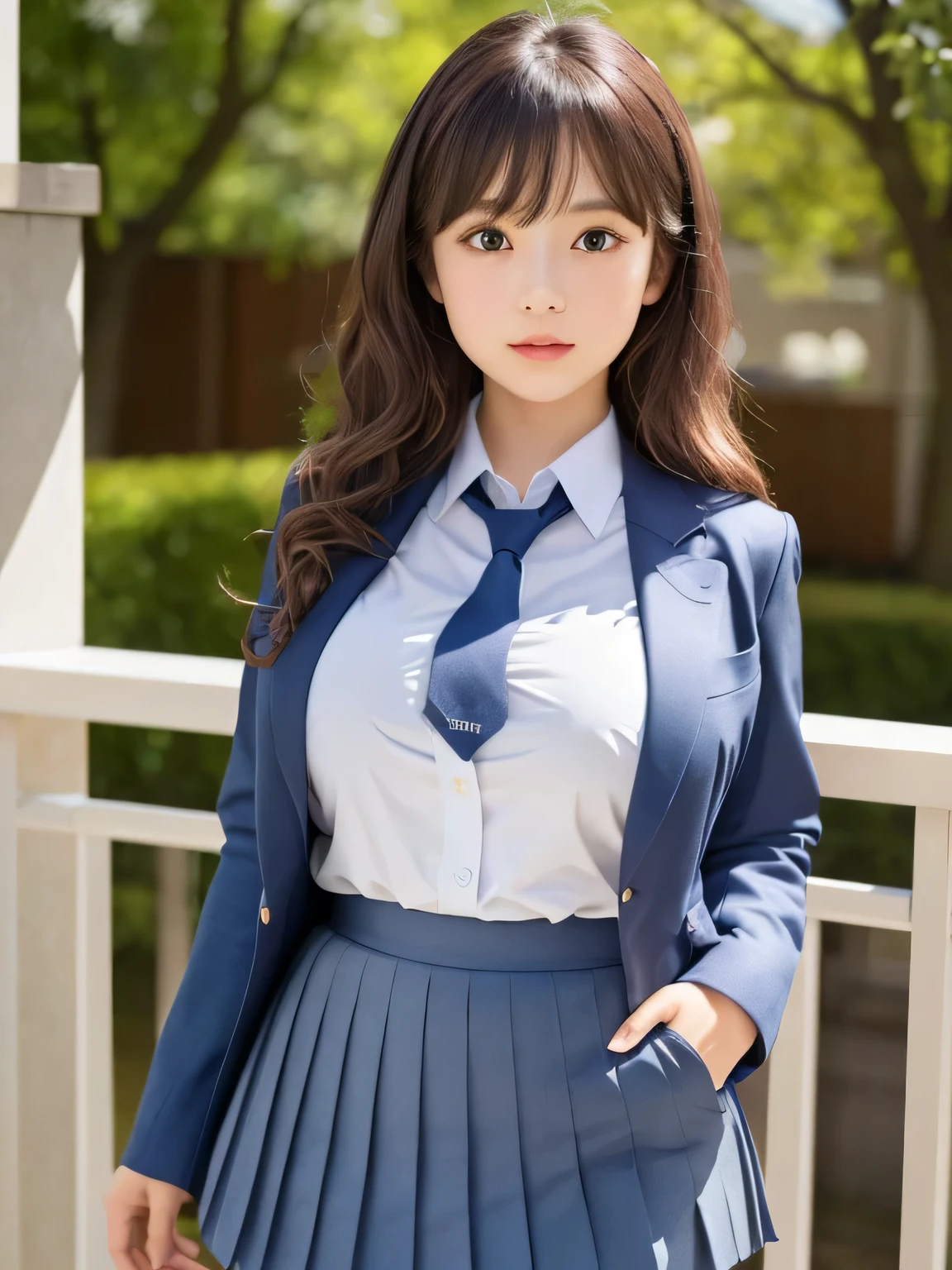 8K, highest quality, real image, intricate details, Super detailed, ultra high resolution, depth field,(realistic,realistic:1.2), 1 Japanese girl, very beautiful 17 year old girl, Big eyes, beautiful breasts:1.5、highly detailed eyes:1.2), (beautiful breasts:1.1), (small breasts:1.2), wavy hair、curly hair、bangs, perfect skin, Fair skin, (huge hips:1.3), (thick thighs:1.3), (thick legs:1.2), tight waist, light blush, alone, (School_uniform), (dark blue blazer), (white shirt、wear a tie), (gray pleated skirt), (sculpture installation :1.1)