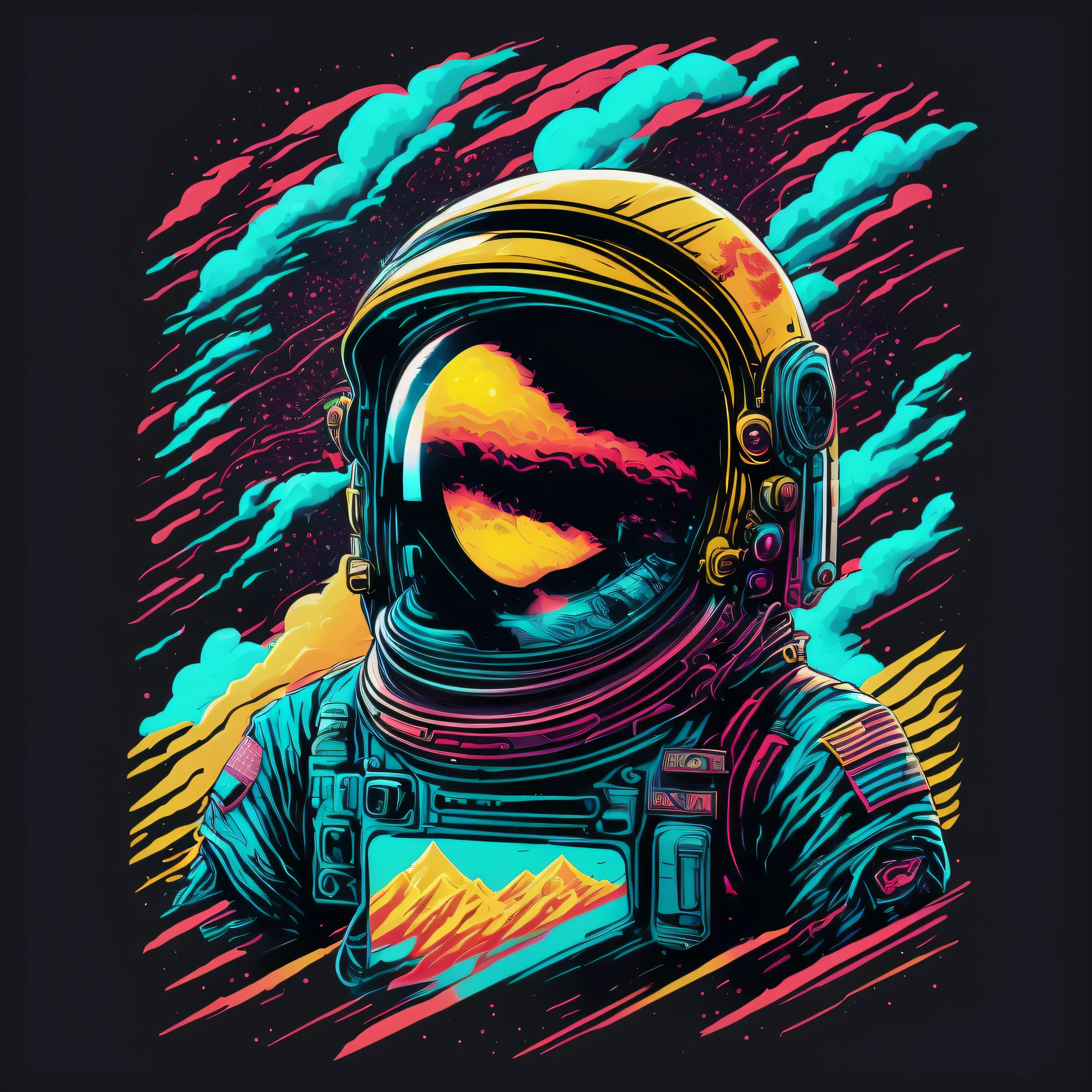 cute astronaut, the space, galaxy, 80's vector image, T-shirt design, isolated, black background, cyan yellow illustration and red only, strong color
