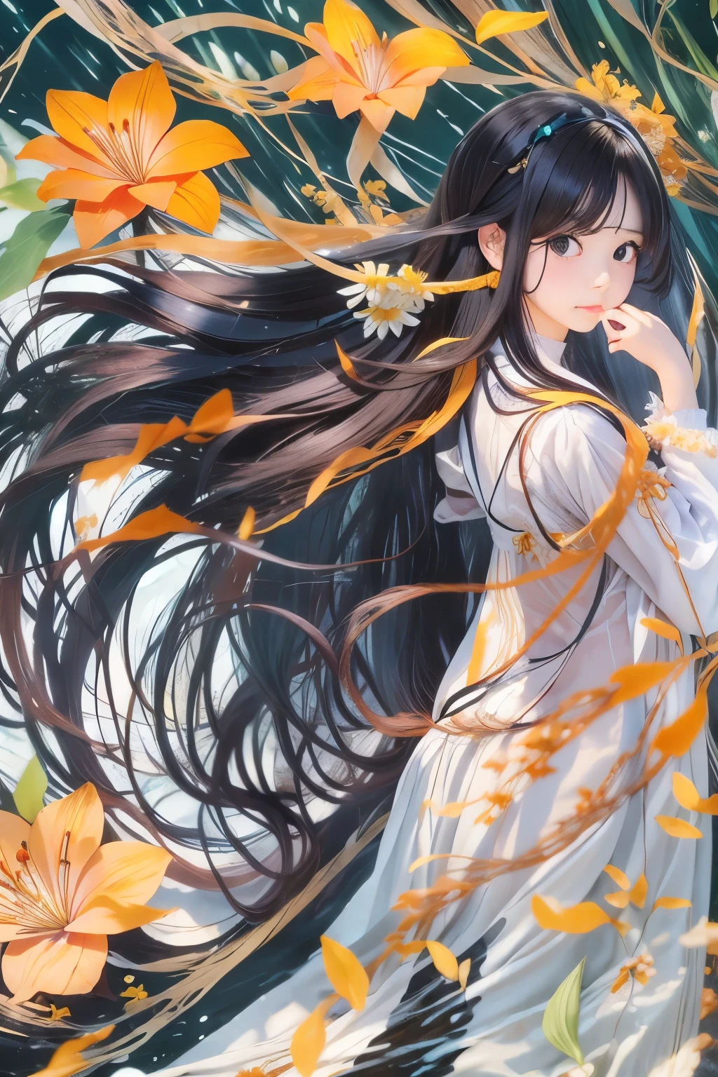 Japanese underwater, girl, long flowing black hair, angel wings, orange yellow and white lily flowers