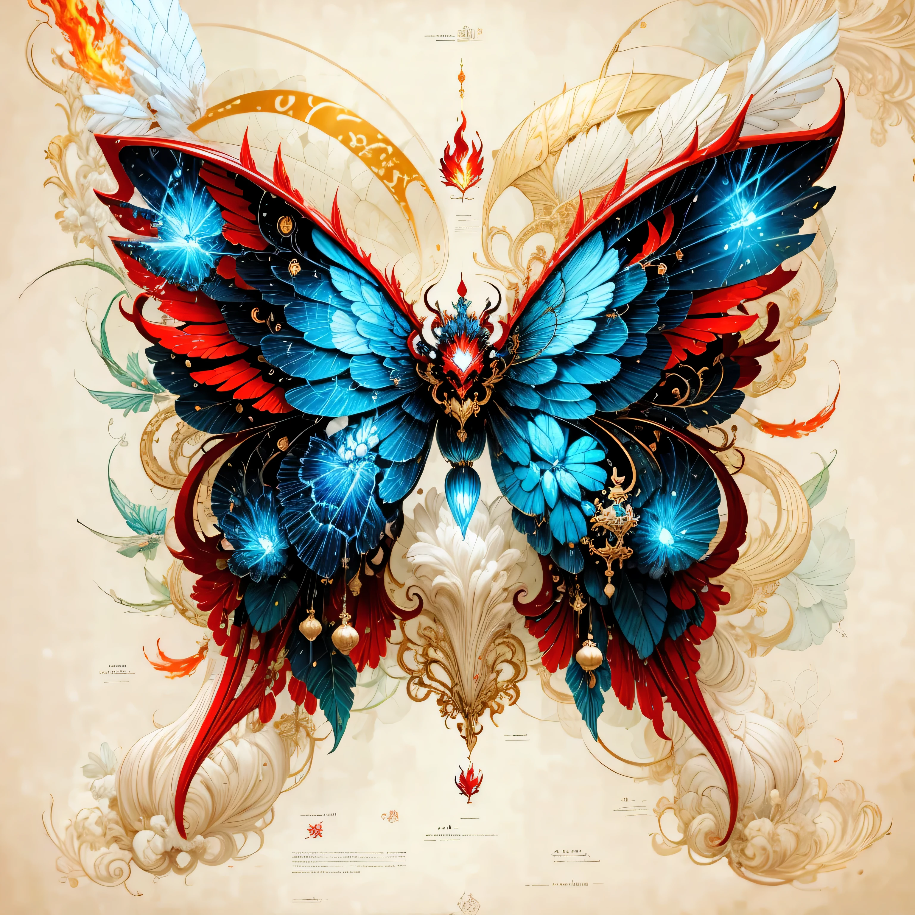 Kirin element，fire red elements，Kirin pattern printed on the wings，Kirin with wings surrounded by flames