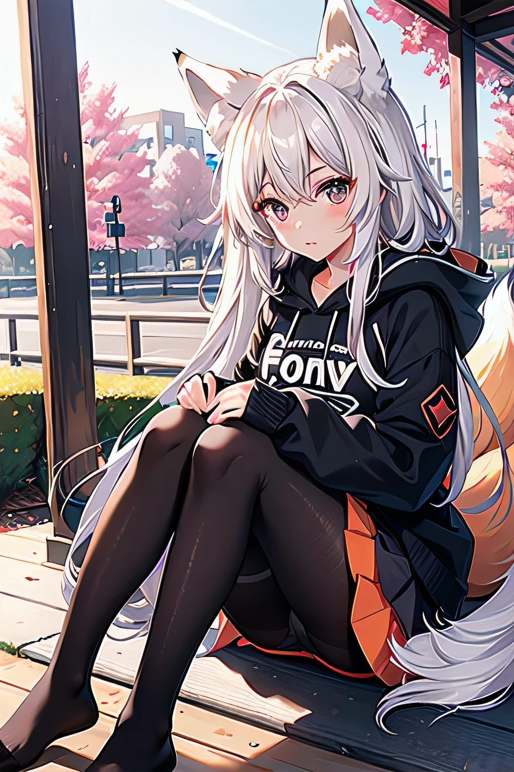 fox girl, fox ears, fox tail, long hair, hoodie, skirt, pantyhose, park scenery, sitting, masterpiece, best quality, high dynamic range, high resolution,