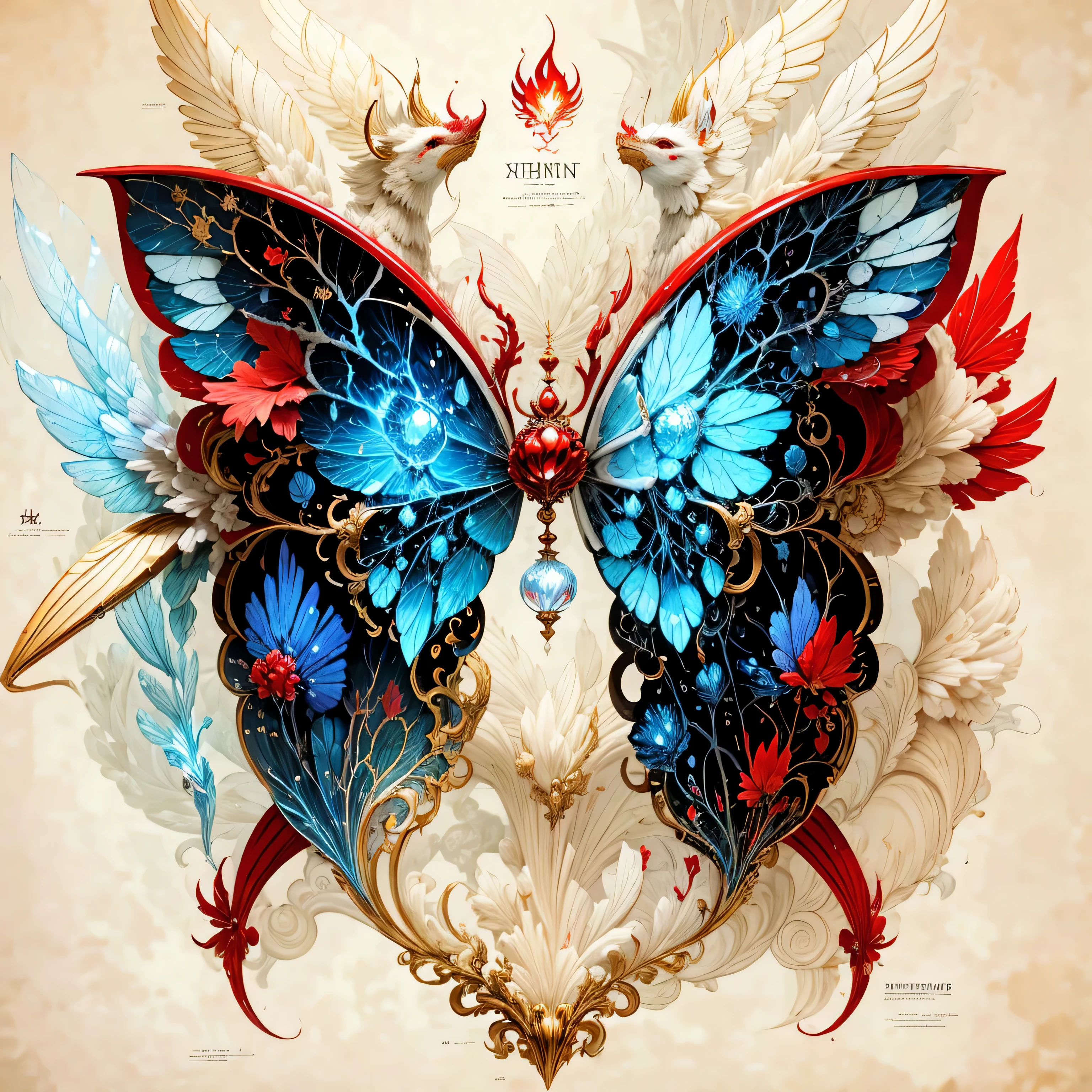 Kirin element，fire red elements，Kirin pattern printed on the wings，Kirin with wings surrounded by flames